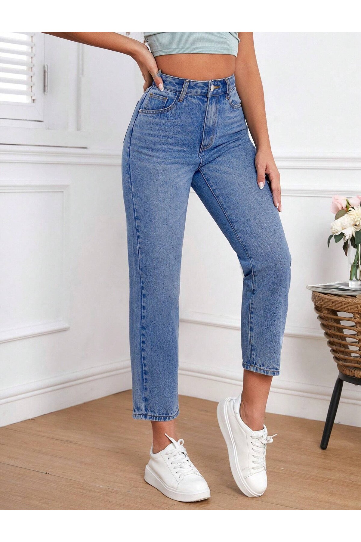 Kadın Mavi Mom Fit Jeans Yüksek Bel Kot Pantolon