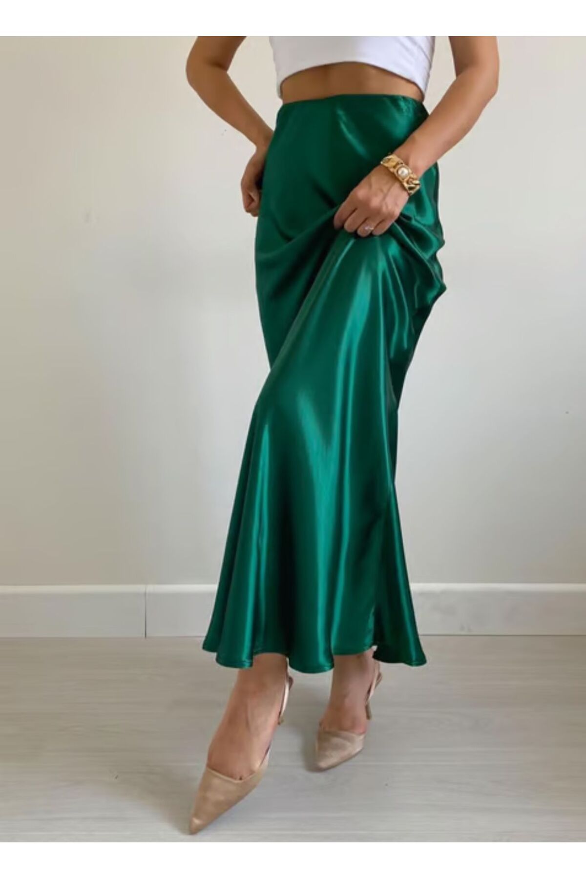 Dark green top silk midi skirt
