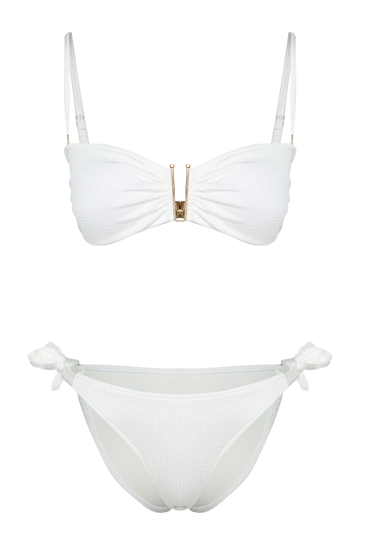 Trendyol Collection-Trägerloses, strukturiertes reguläres Bikini-Set in Ecru mit Accessoires TBESS24BT00019 6