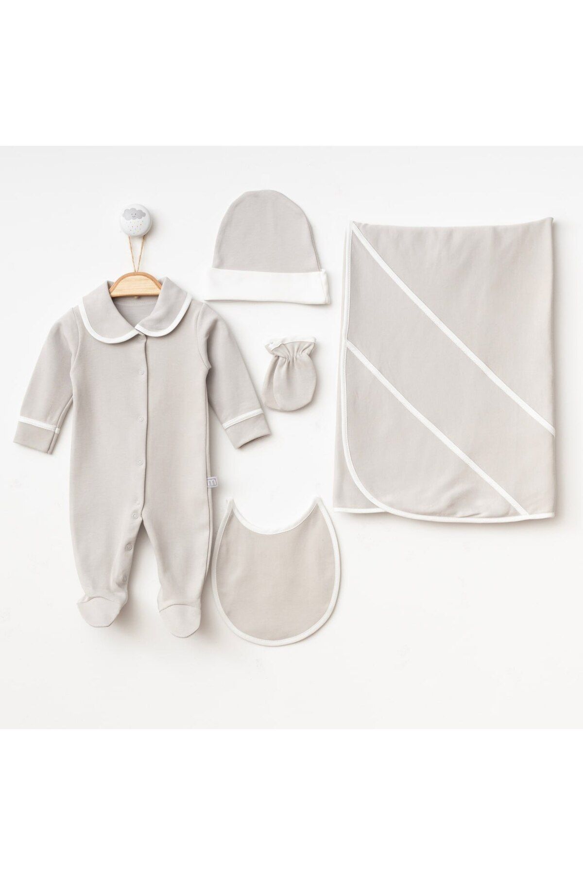 Minimus Newborn Baby Boy Cotton Ribbed Baby Collar Rompers Set 5 Piece Hospital Release Gray Baby Set