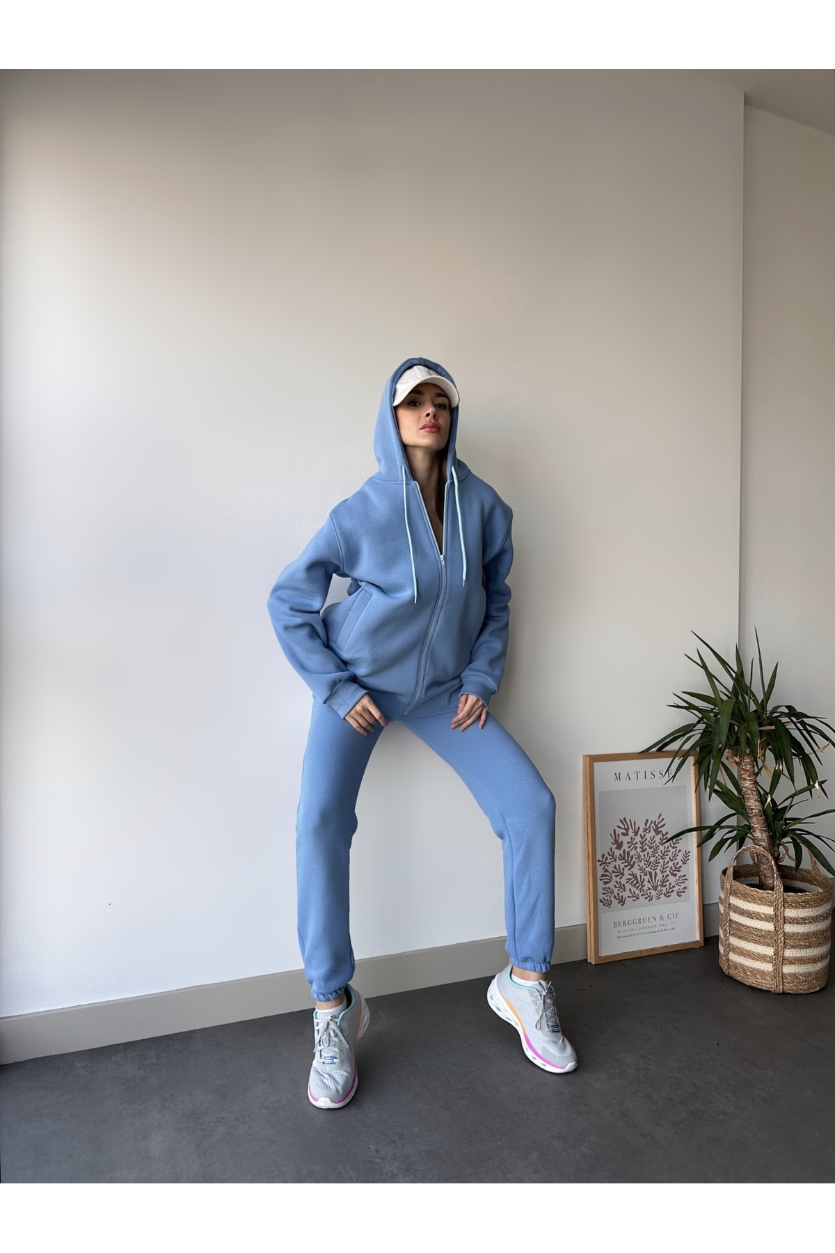 طقم بدلة رياضية طويلة بغطاء للرأس بثلاثة خيوط للنس...