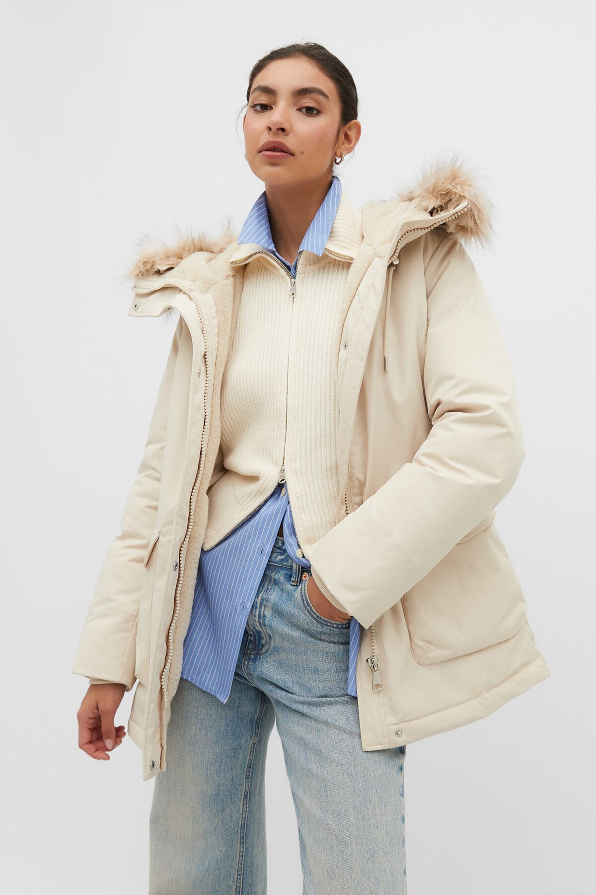Stradivarius parka jacket with shop fur hood