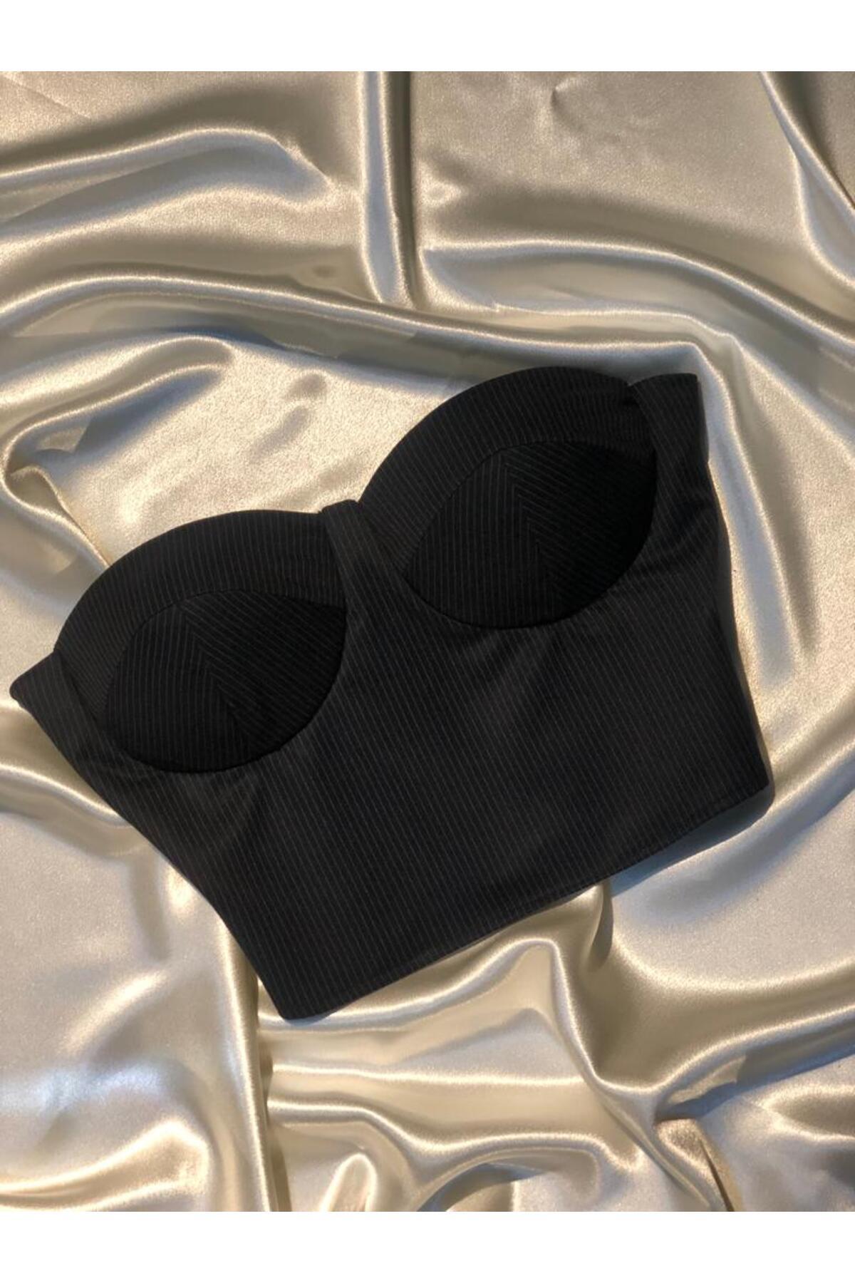 Miss Monalisa Moda Siyah Crop Çizgili Astarlı Dokuma Korse Detaylı Büstiyer