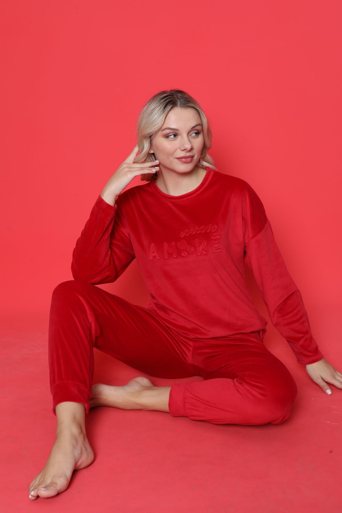 AHENGİM-Mládežnický pyžamový set French Velvet Amore Potištěná Spade Manžeta Zimní Sezónní W20432250 7