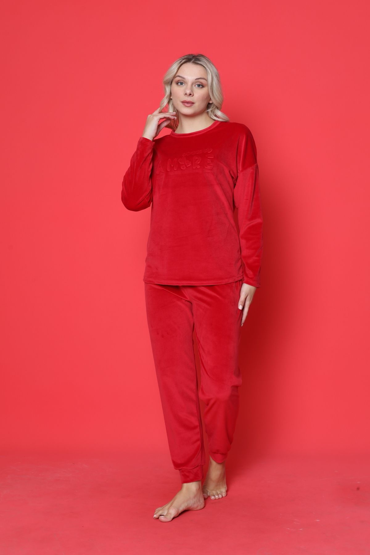 AHENGİM-Mládežnický pyžamový set French Velvet Amore Potištěná Spade Manžeta Zimní Sezónní W20432250 3