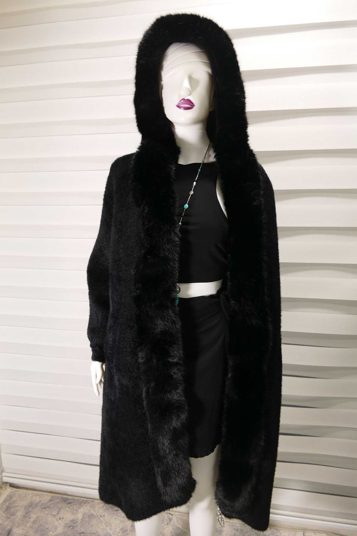 Bohem Stil Angora Coat with Italian Pockets and Hooded Fur Zipper
