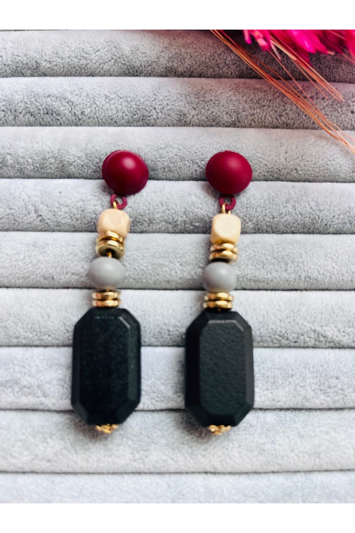 COCOSH TAKI Black Claret Red Gray Wooden Stone Modern Design Evening Dress Earrings