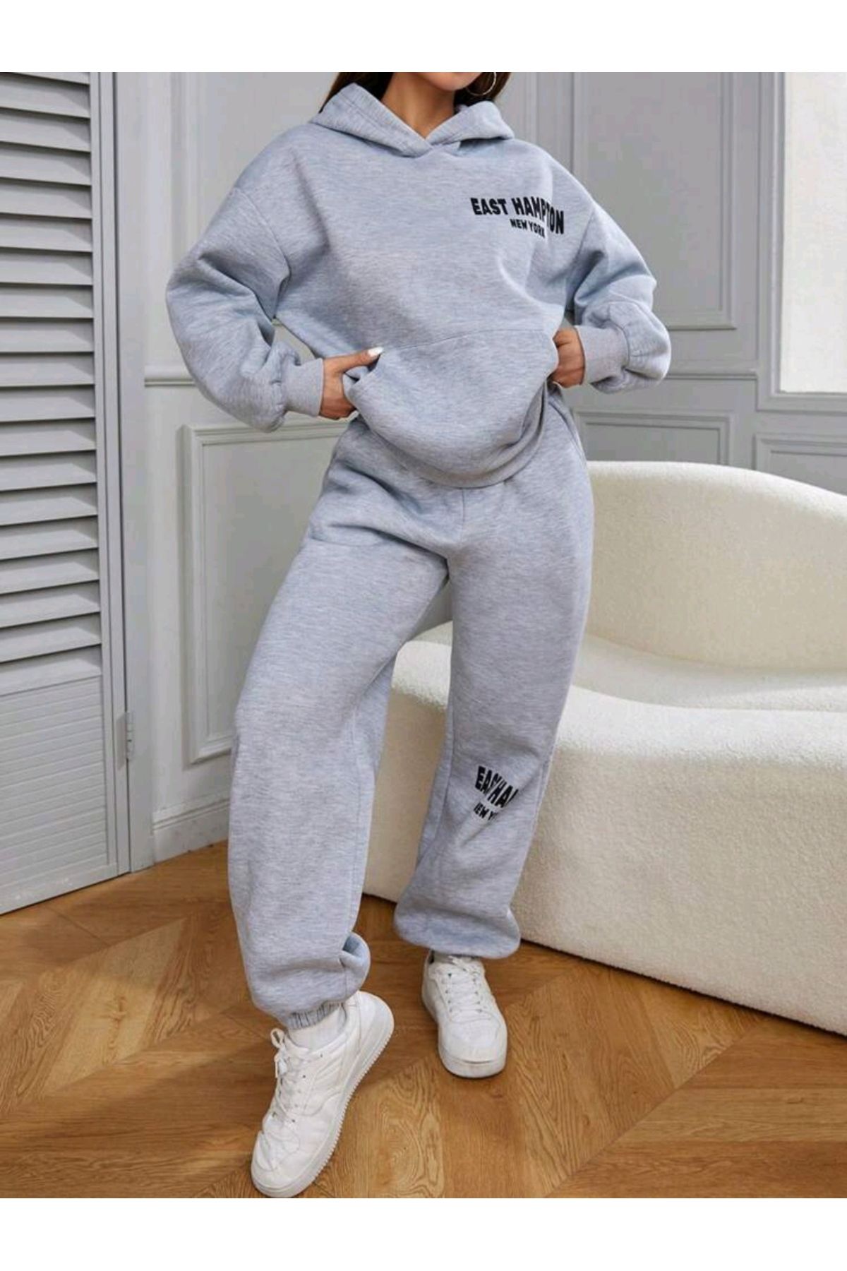 ModaMaine Women's East Hampton New York Printed Oversize Gray Hooded  Sweatshirt Tracksuit Set - Trendyol