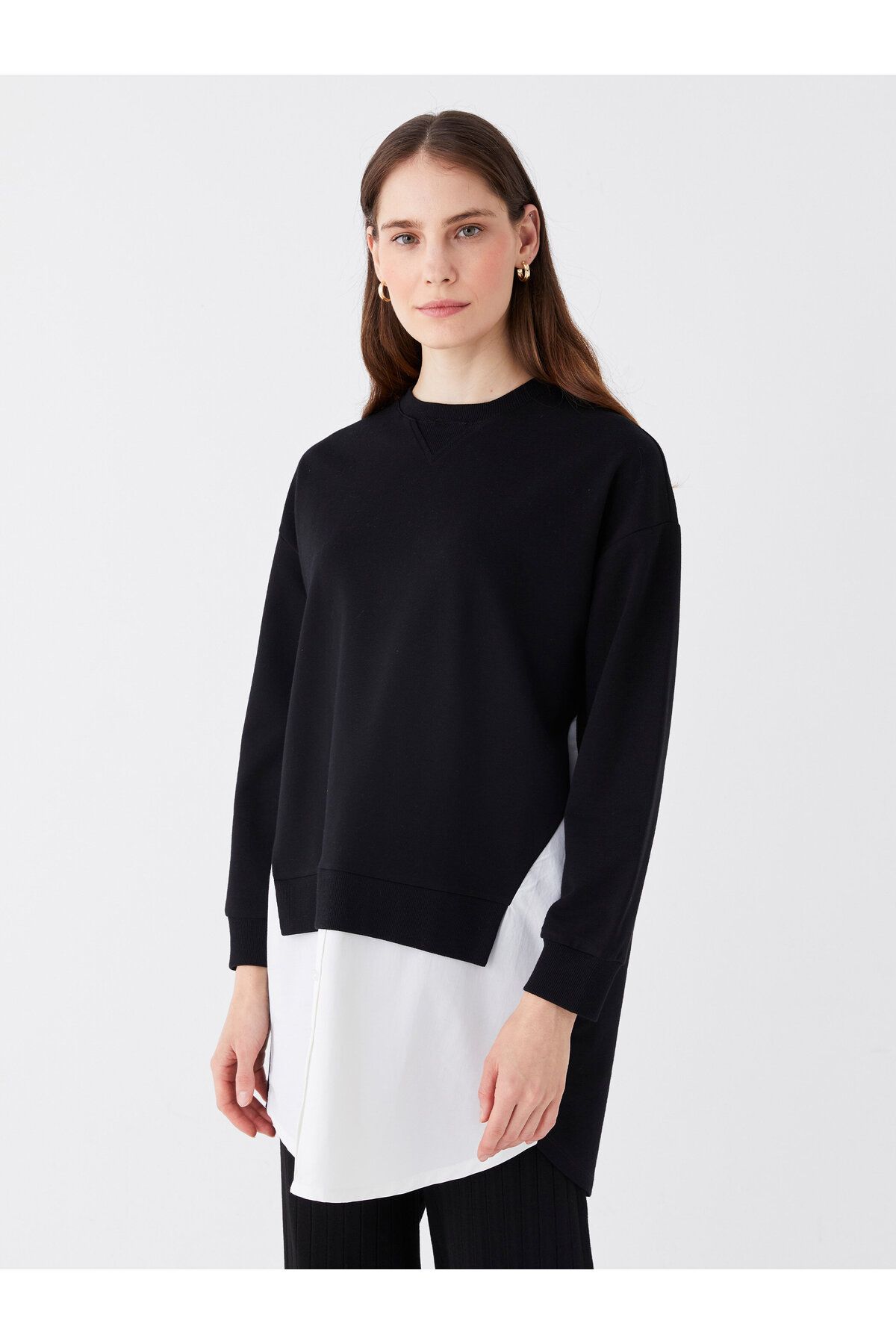 LC Waikiki Damska Bluza Typu Oversize Z Okrągłym Dekoltem I Długim Rękawem Kobieta - S