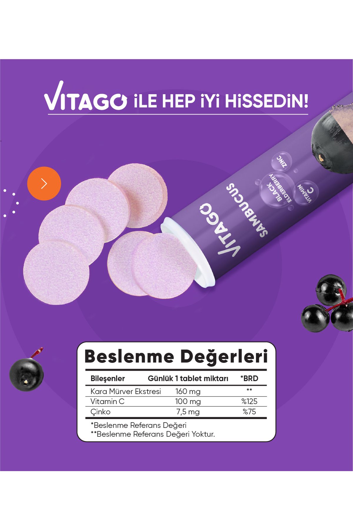 Vitago قرص حجم‌گیری‌شده ویتامین C و روی سامبوکوس