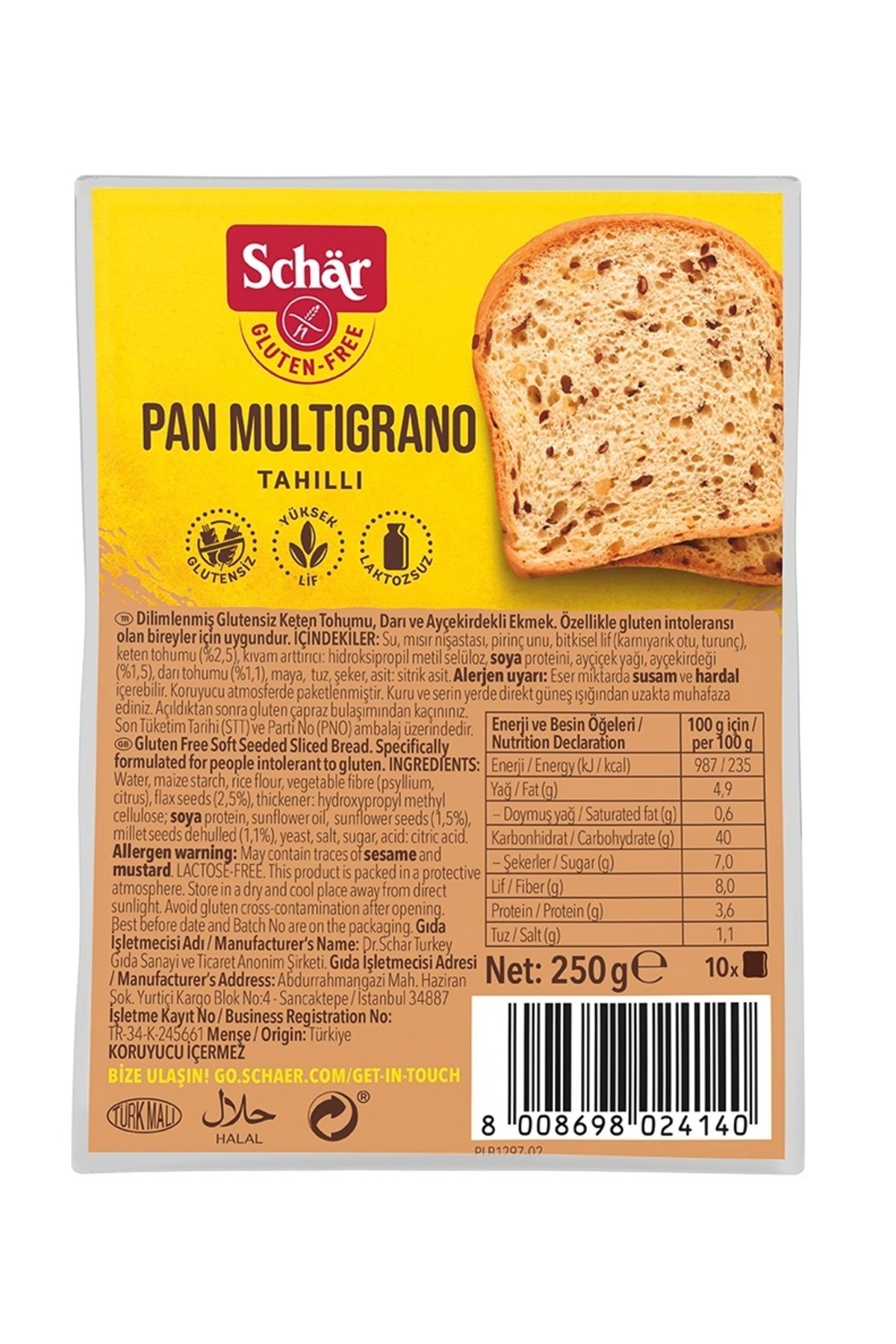 Pan Multigrano Gluten-free Flaxseed Sunflower Seed Bread 250 gr (8 PIECES)