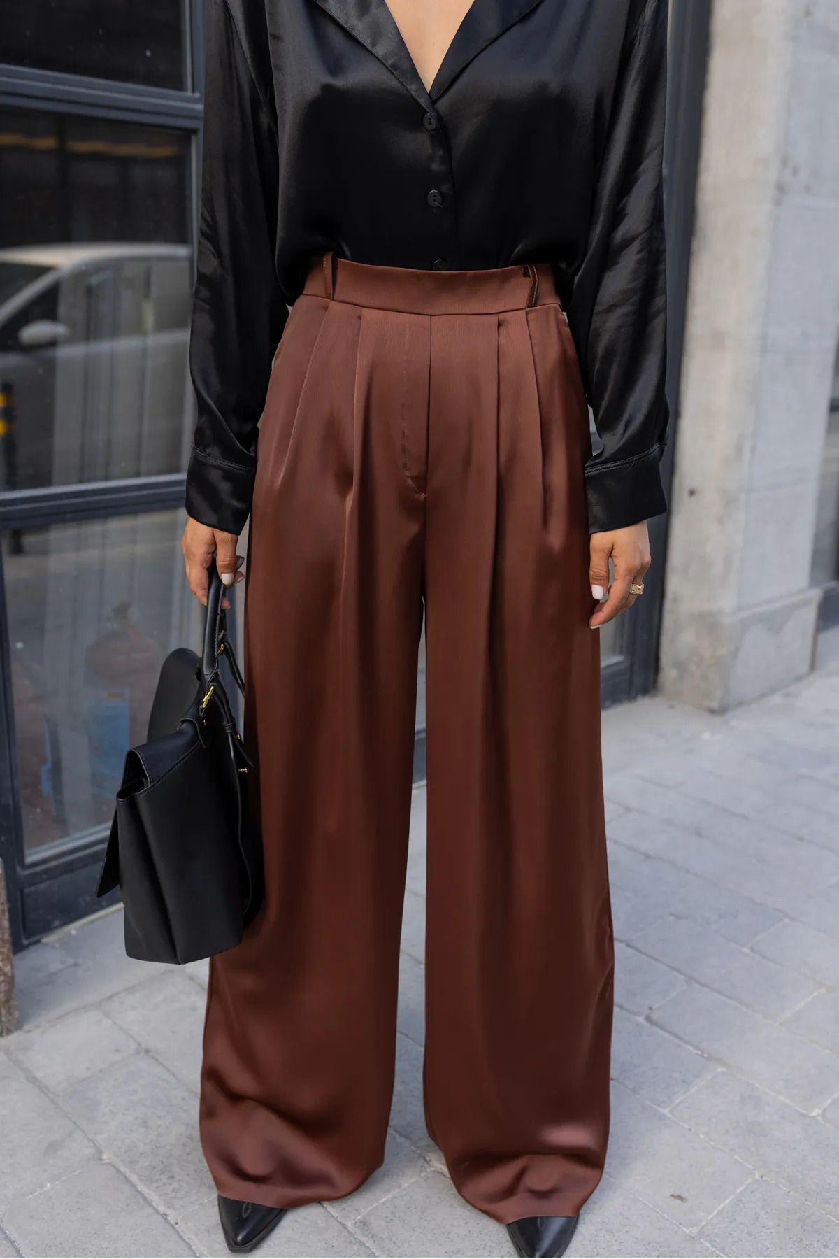 Bitter Brown Elastic Waist Satin Palazzo Trousers