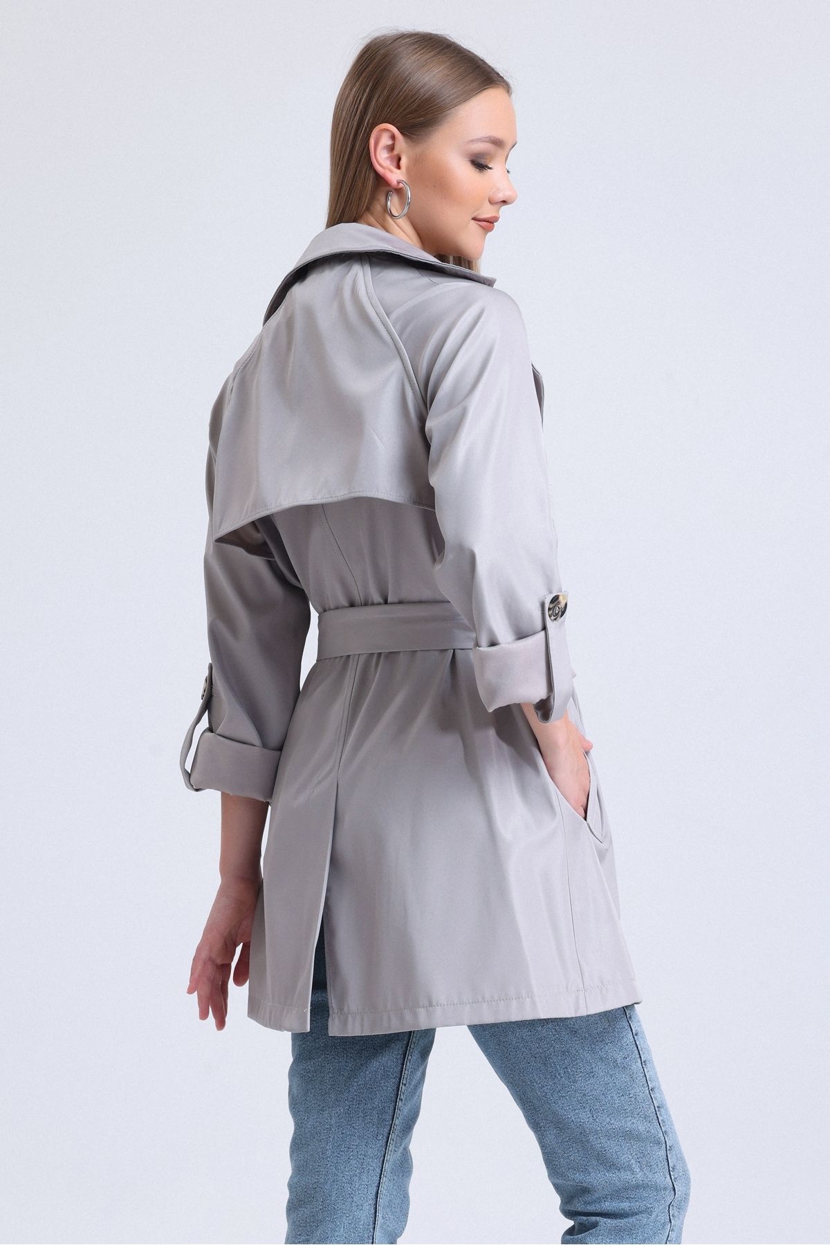 Grey short sale trench coat