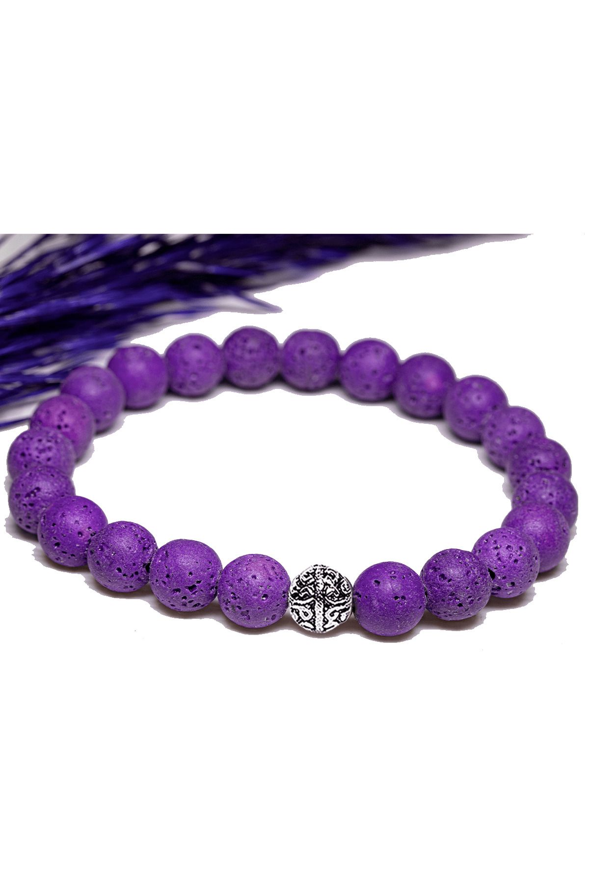 Tesbih Atölyesi-Certified Purple Color Volcanic Lava Stone Bracelet - With Silver Device 2