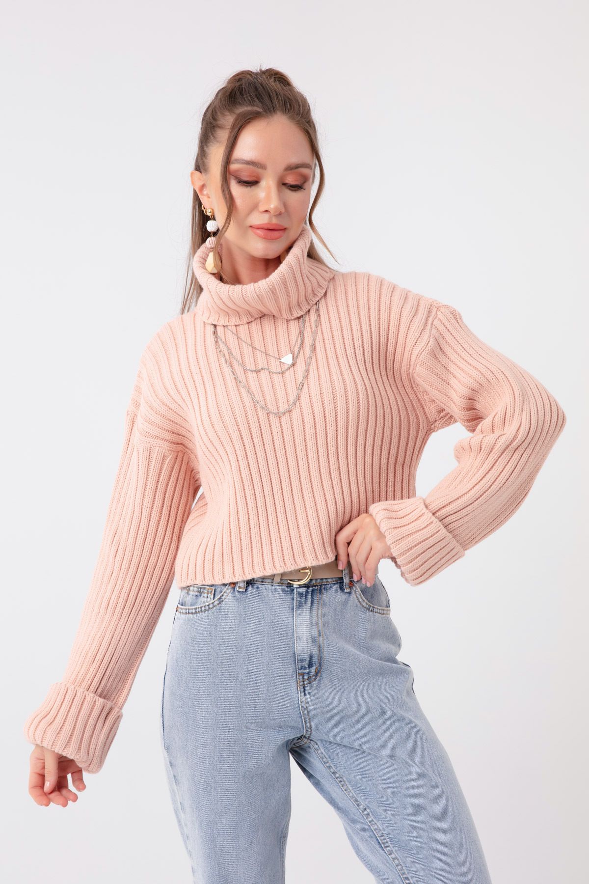 Lafaba Women s Powder Wide Ribbed Turtleneck Crop Sweater Trendyol