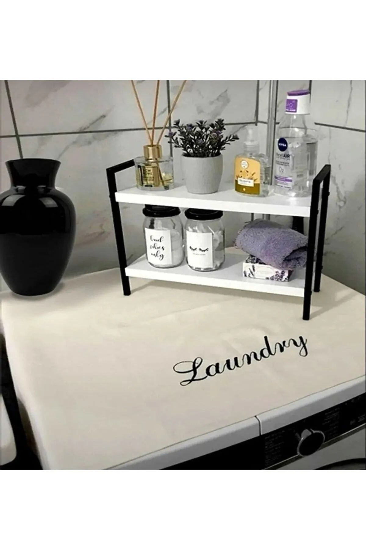 Krem Çamaşır Makines Örtüsü Laundry Baskılı