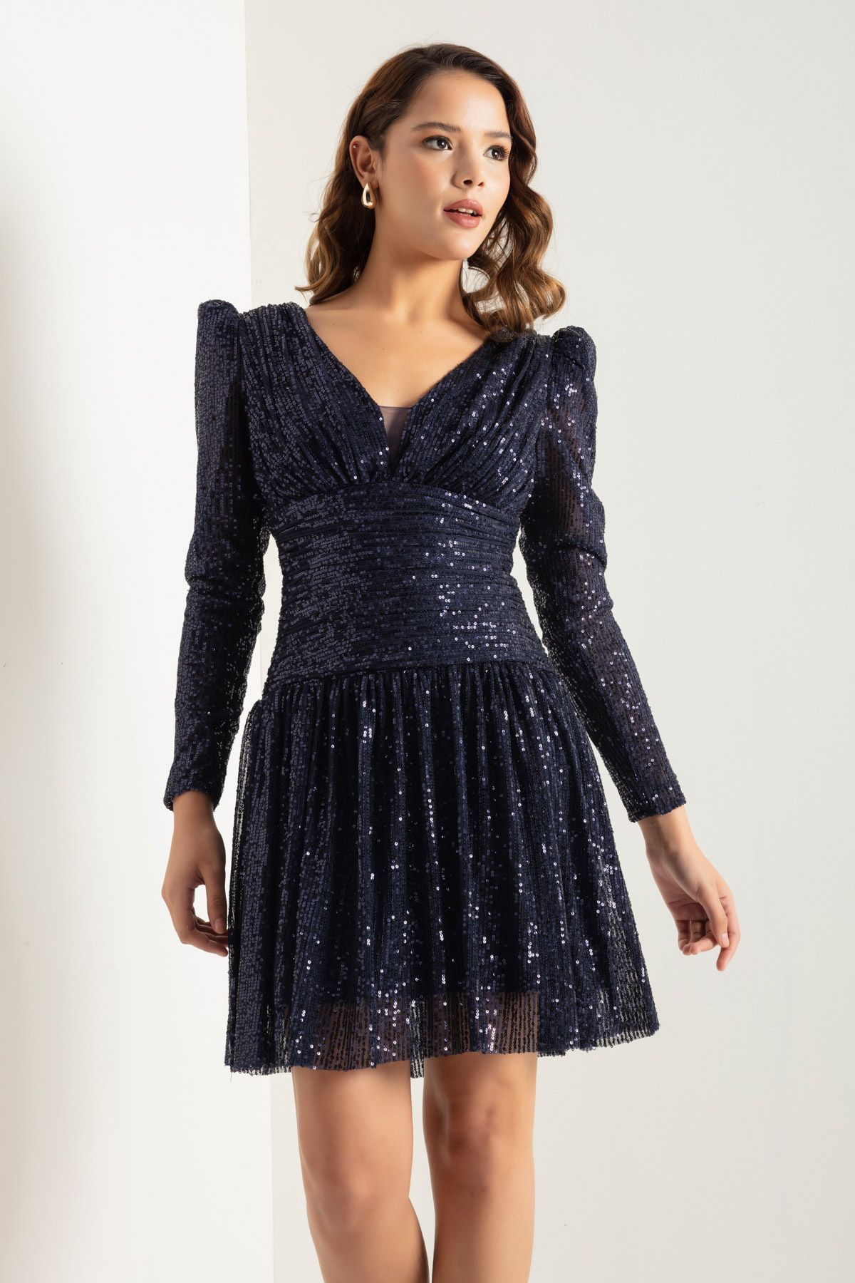 Lafaba Women s Navy Blue Long Sleeve Sequined Mini Evening Dress