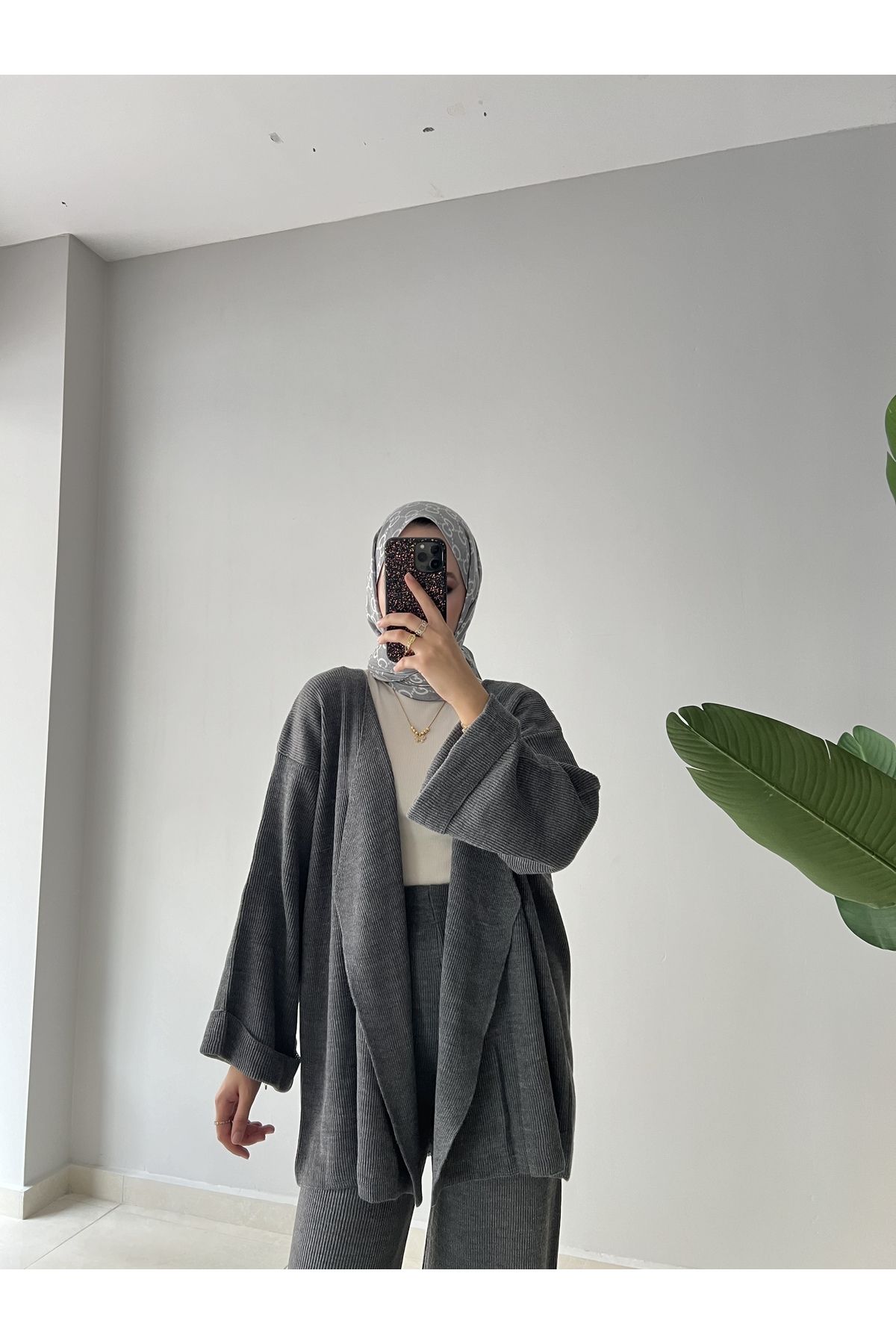 ست بالاپایین پوشیده خاکستری زنانه لباس بافتنی کیمونو اورجینال Rimel Moda