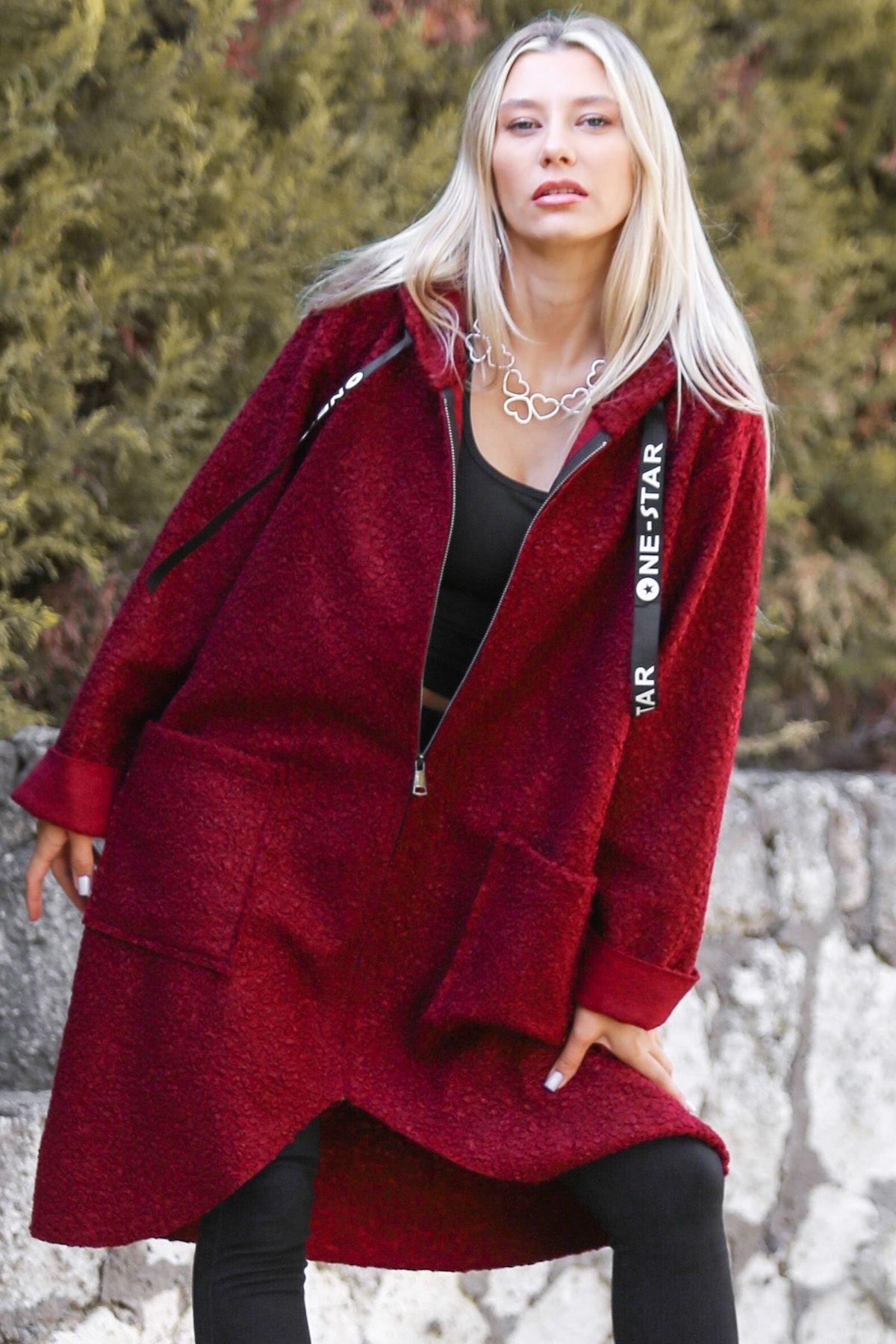 Chiccy Italian Burgundy Hooded Long Sleeve Zippered Double Pocket