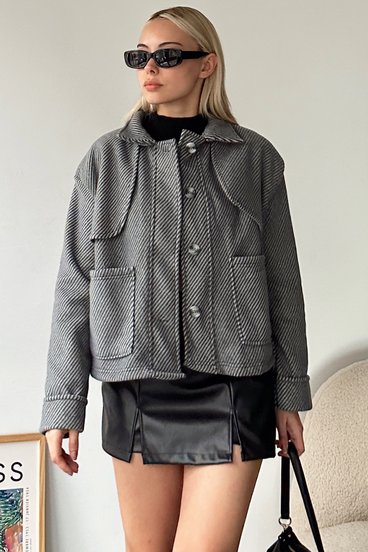 Women's Gray Self-textured pocket winter polar coat alc-x11183