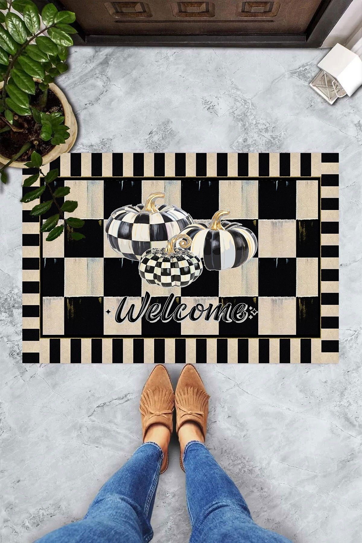 on the clouds-Digital Printed Welcome Written Checkerboard Patterned Decorative Door Mat with Pumpkin Figure 3