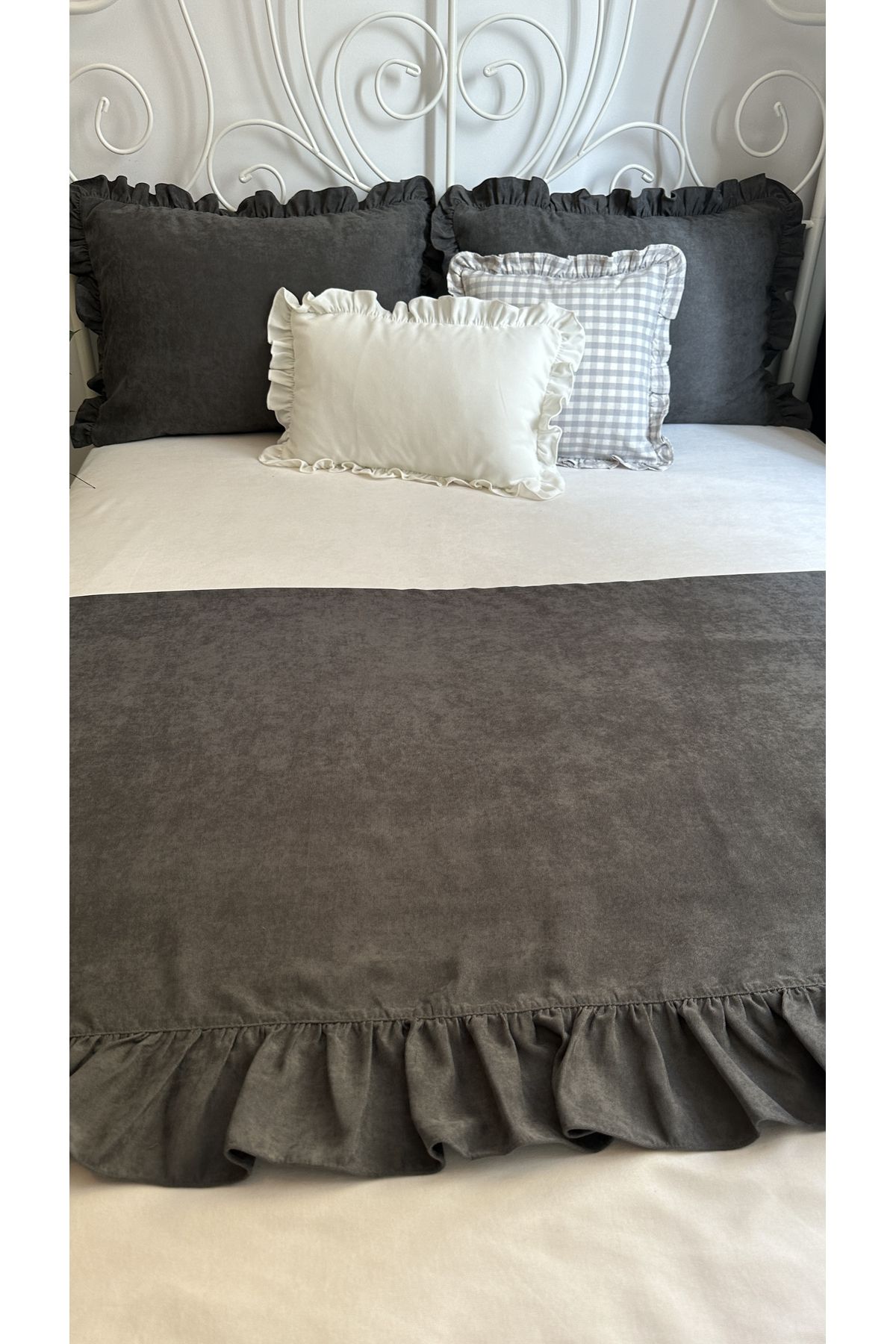 Decamor home Smoked Dark Gray Ruffled Bed Runner and Throw Pillow