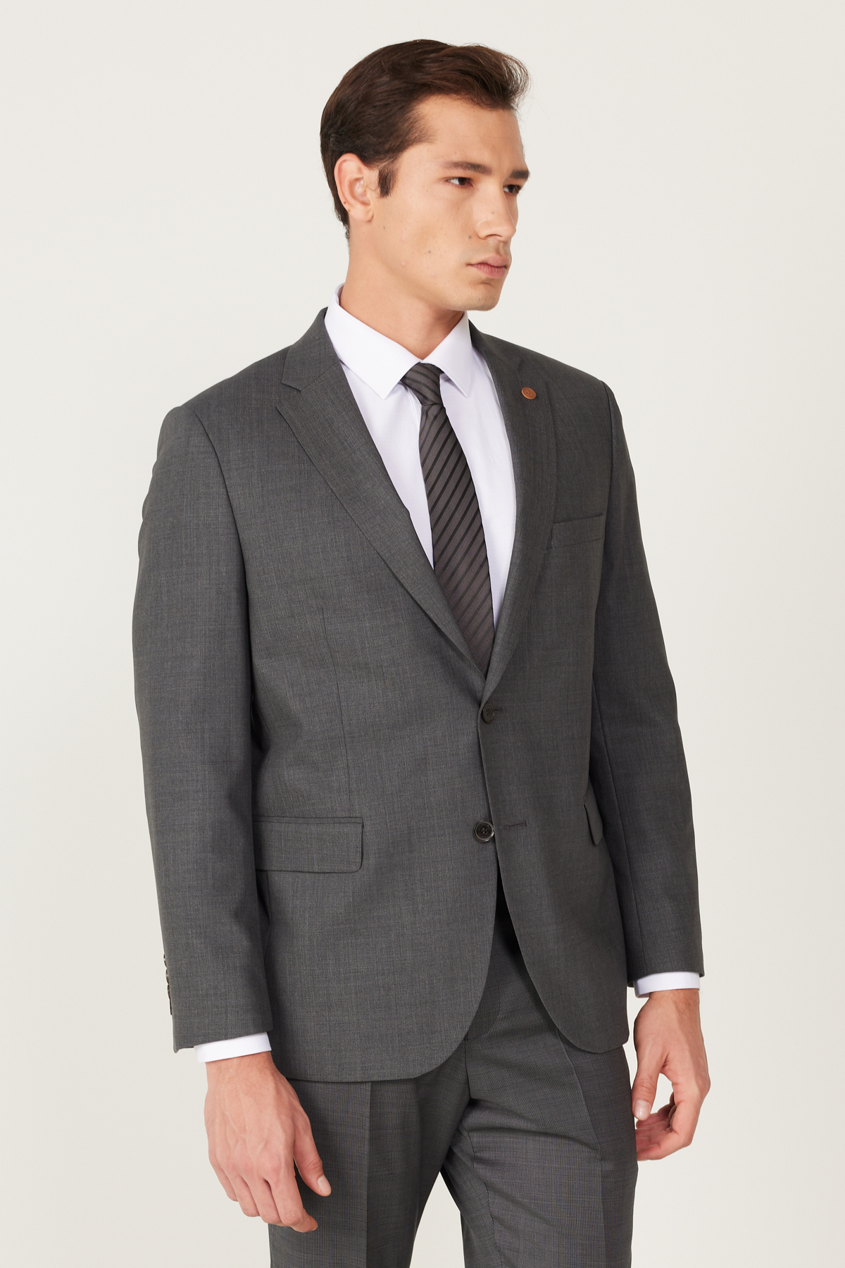 Erkek Antrasit-Siyah Slim Fit Dar Kesim Mono Yaka %100 Yünlü Desenli Takım Elbise