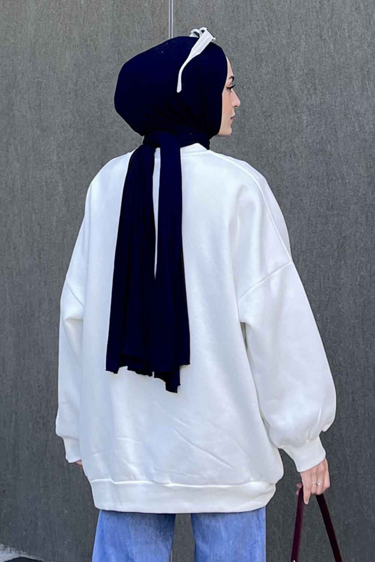 سویشرت پوشیده سفید زنانه یقه دوچرخه سواری غلیظ و lamelif