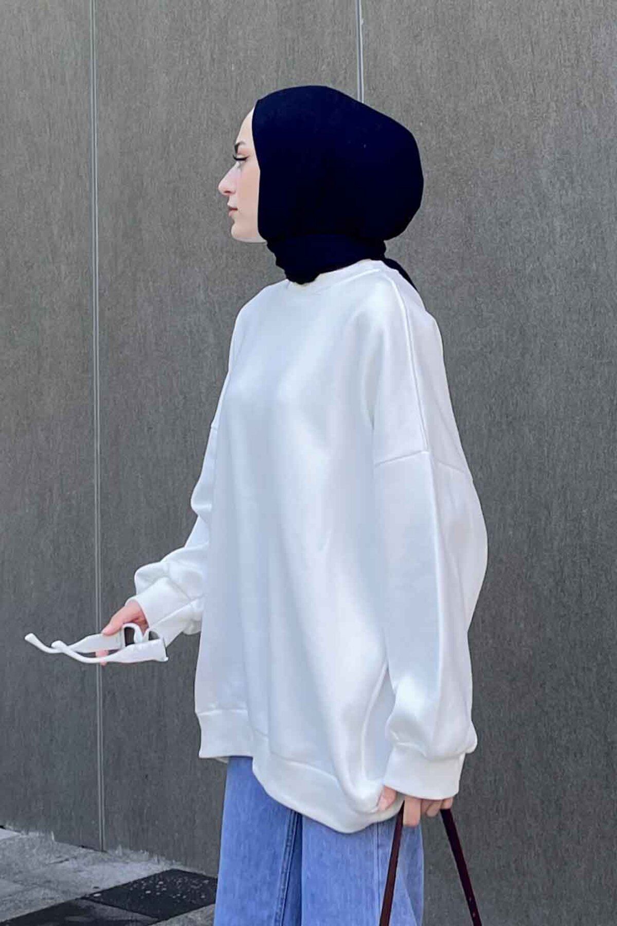 سویشرت پوشیده سفید زنانه یقه دوچرخه سواری غلیظ و lamelif
