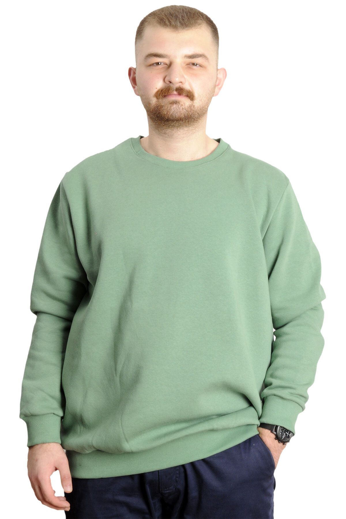 Mode XL Büyük Beden Erkek Sweatshirt Basic Bisiklet Yaka 20131 Çağla