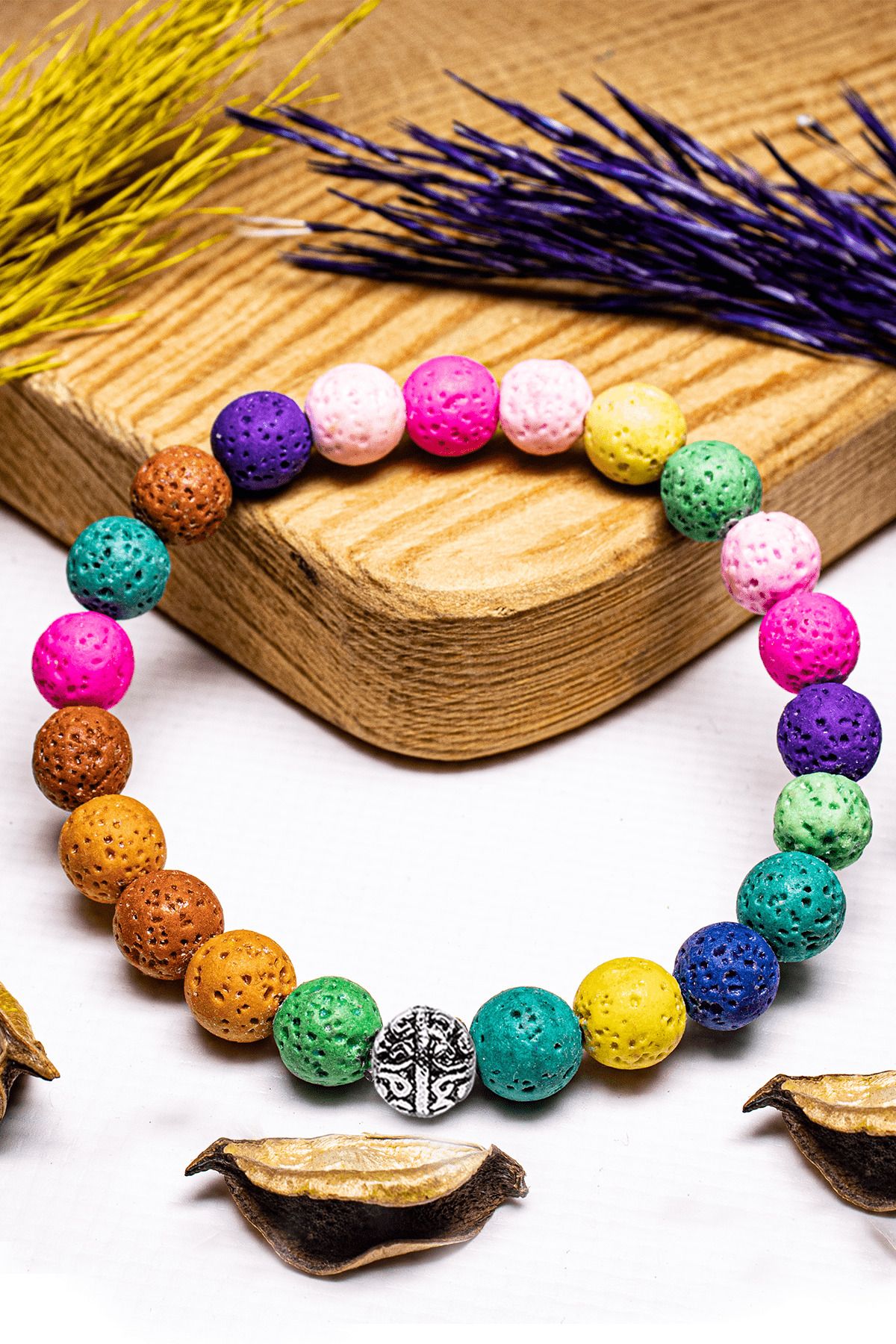 Tesbih At lyesi Certified Volcanic Colored Lava Stone Bracelet With Silver Device