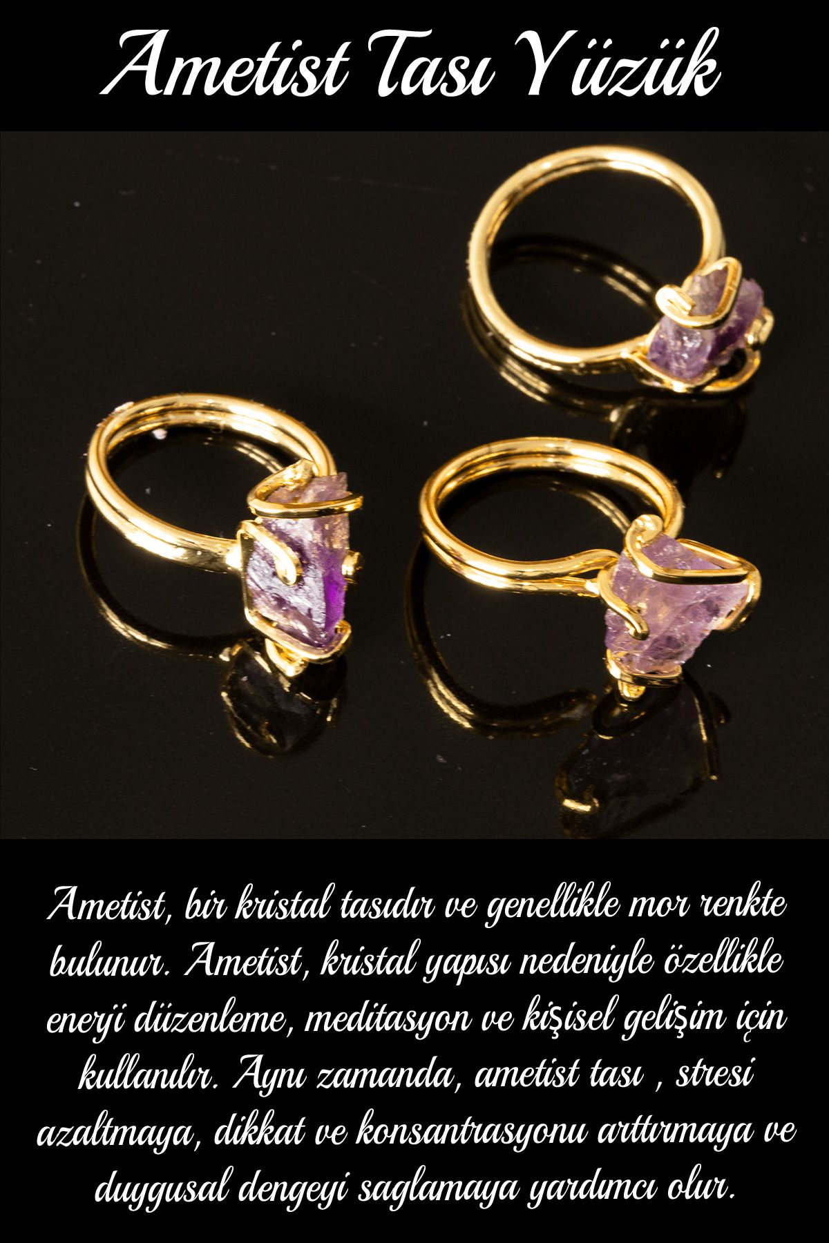 Tesbih At lyesi Certified Rococo Model Raw Amethyst Stone Ring