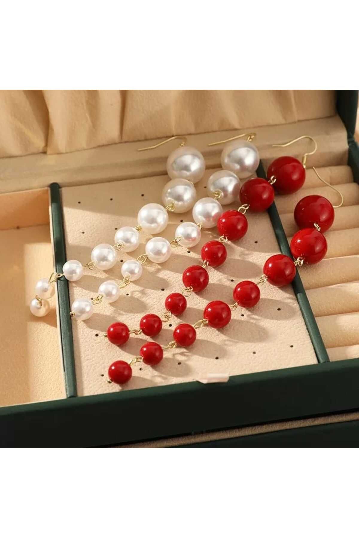 İPAR AKSESUAR-Red Pearl Gold Design Earrings 3
