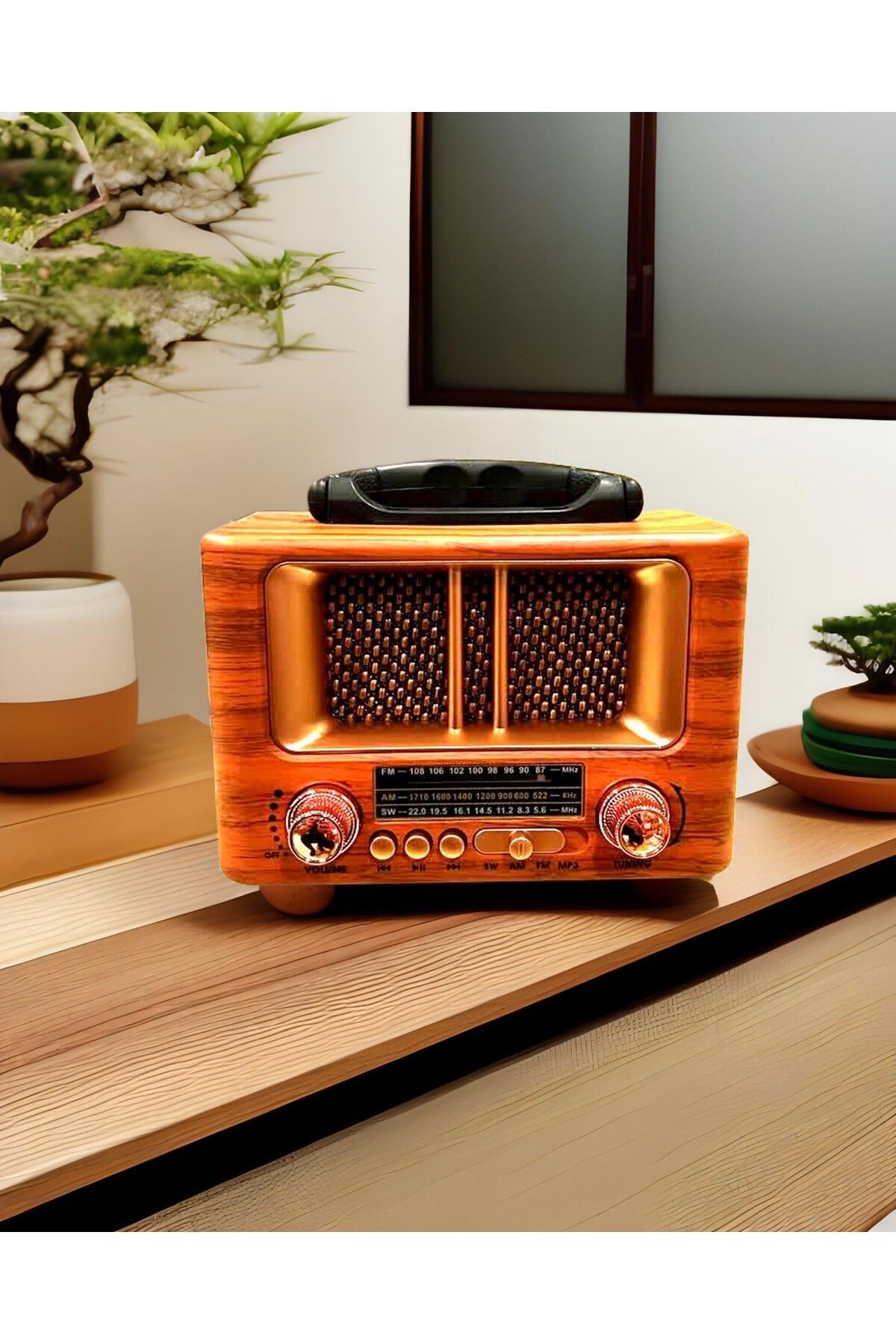 Nostaljik ahşap eskitme görünüm radyo usb aux girişli bluetooth fm çalar