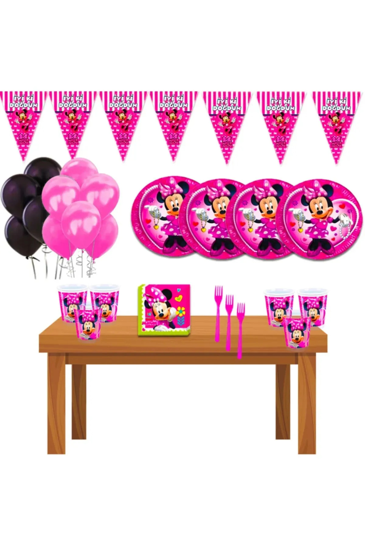 Party Fantasy Minnie Mouse Mini Kız Çocuk Doğum Günü 16 Kişilik Parti Seti Minnie Mouse Parti Malzemeleri