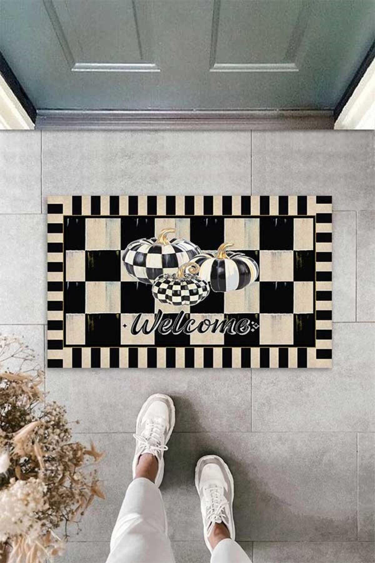 on the clouds-Digital Printed Welcome Written Checkerboard Patterned Decorative Door Mat with Pumpkin Figure 4