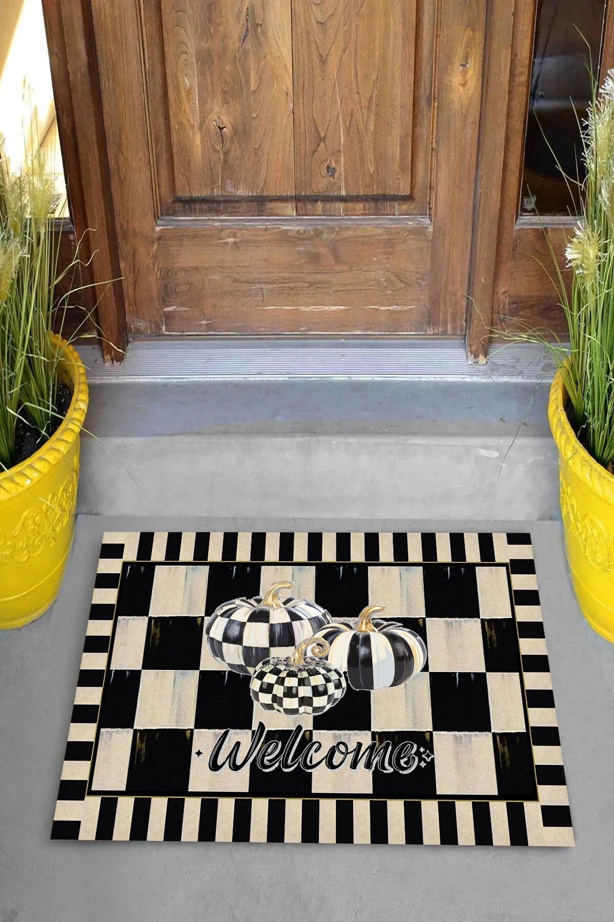 on the clouds-Digital Printed Welcome Written Checkerboard Patterned Decorative Door Mat with Pumpkin Figure 2