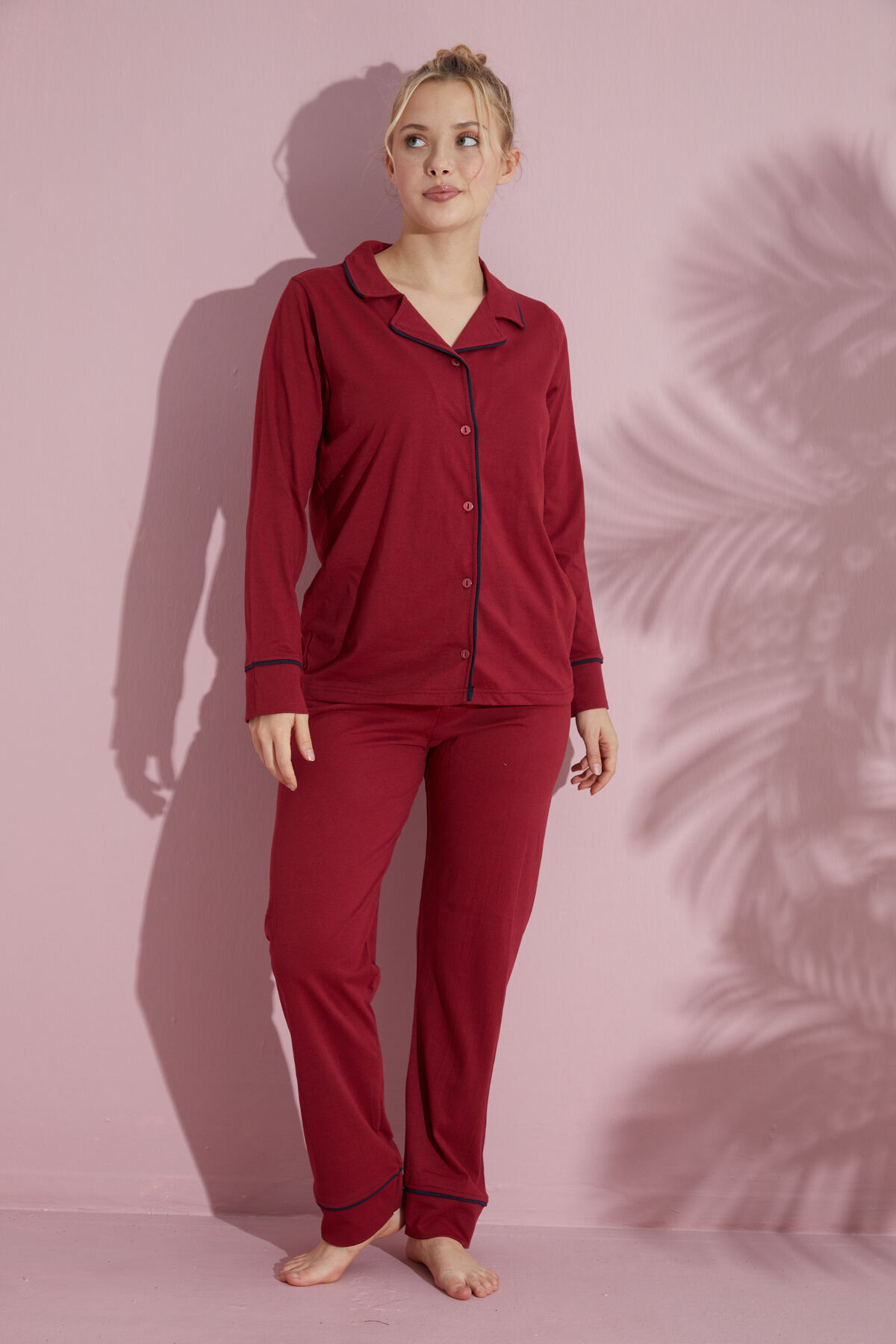 pijamacity Kadın Bordo Uzun Kollu Pamuklu Düğmeli Biyeli Pijama Takımı görsel 2