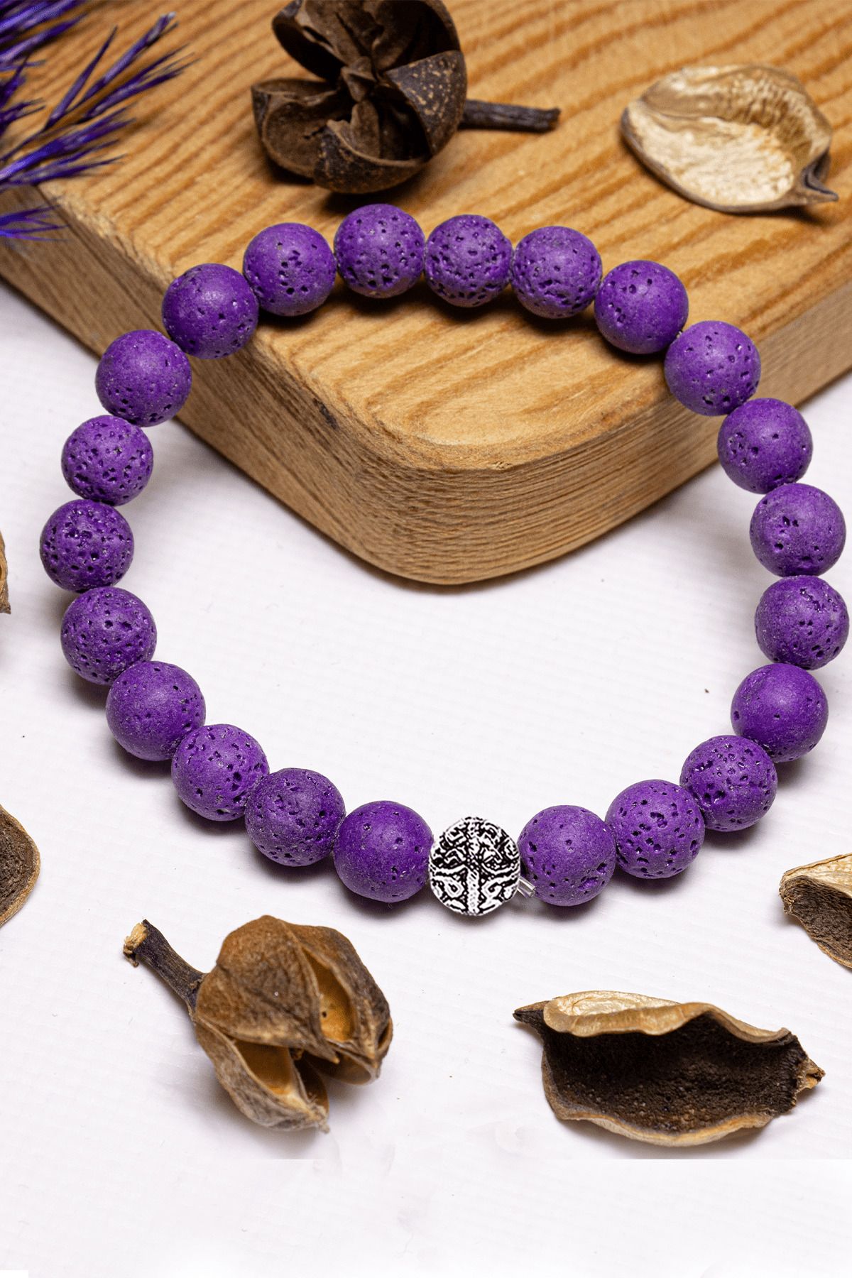 Tesbih Atölyesi-Certified Purple Color Volcanic Lava Stone Bracelet - With Silver Device 1