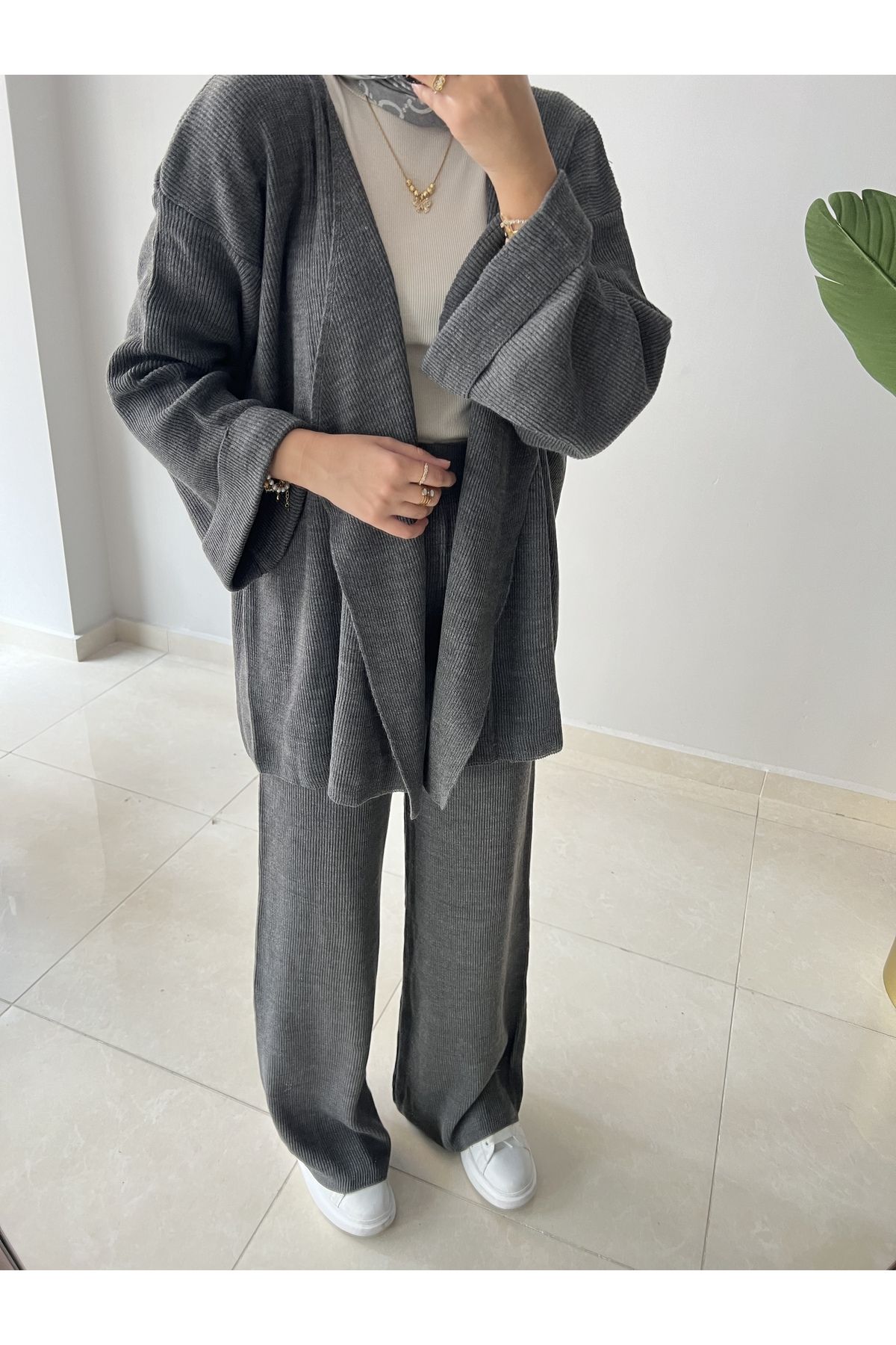 ست بالاپایین پوشیده خاکستری زنانه لباس بافتنی کیمونو اورجینال Rimel Moda