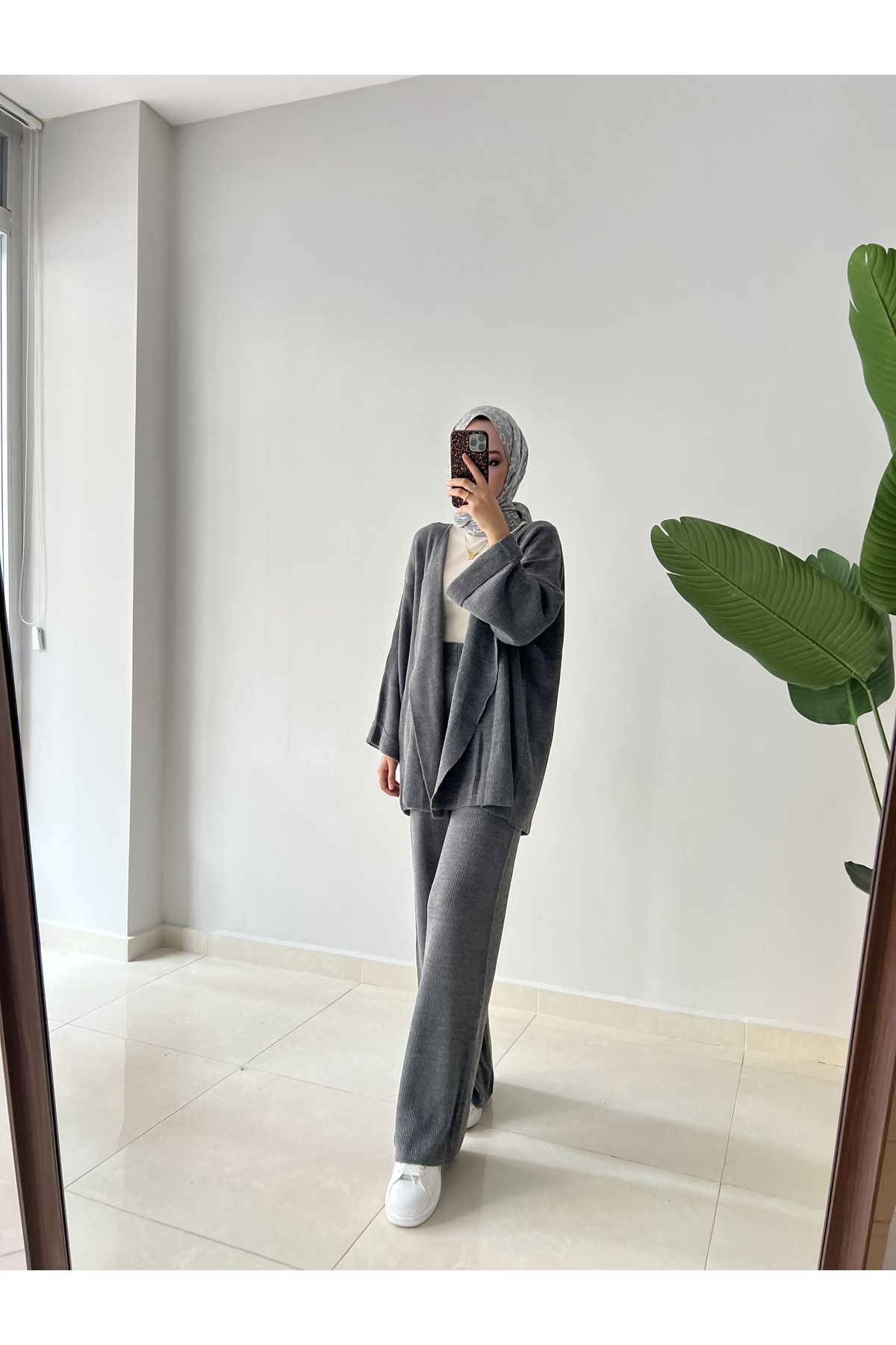 ست بالاپایین پوشیده خاکستری زنانه لباس بافتنی کیمونو اورجینال Rimel Moda