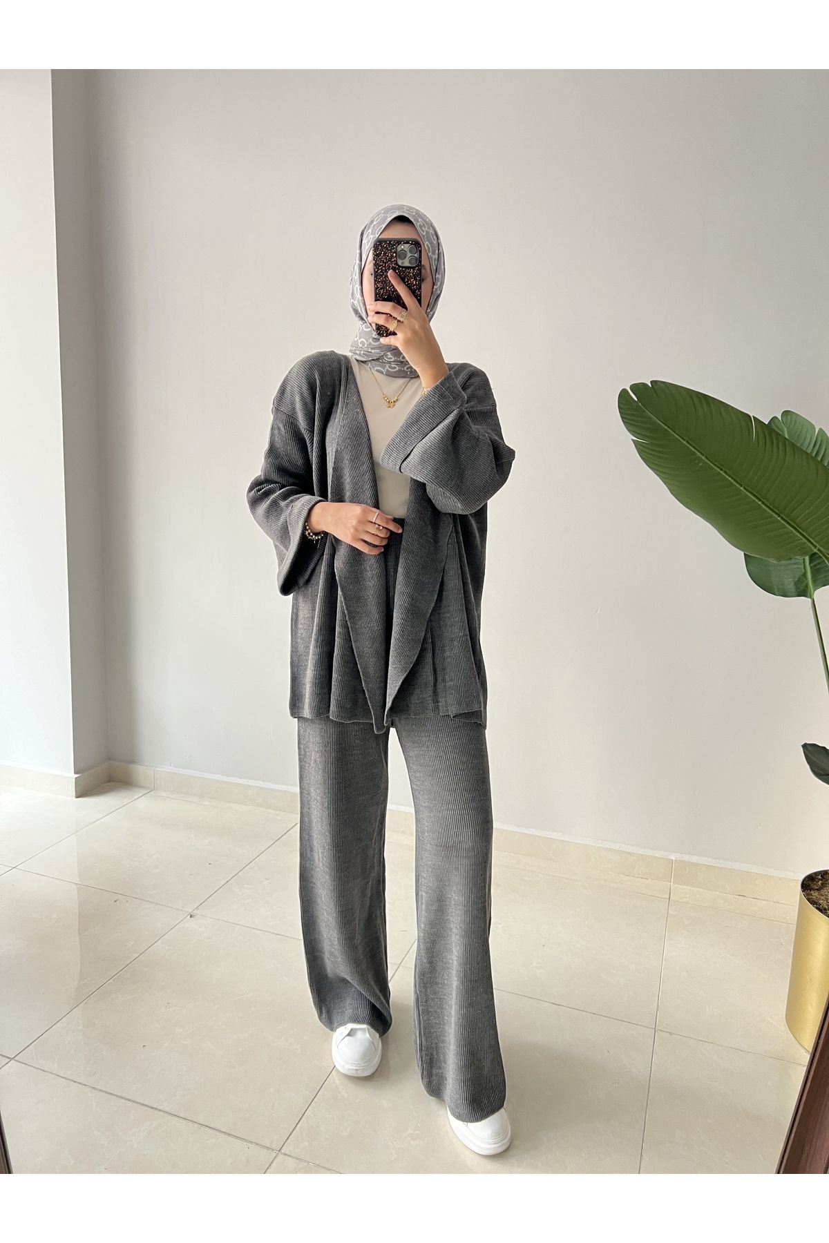 ست بالاپایین پوشیده خاکستری زنانه لباس بافتنی کیمونو اورجینال Rimel Moda