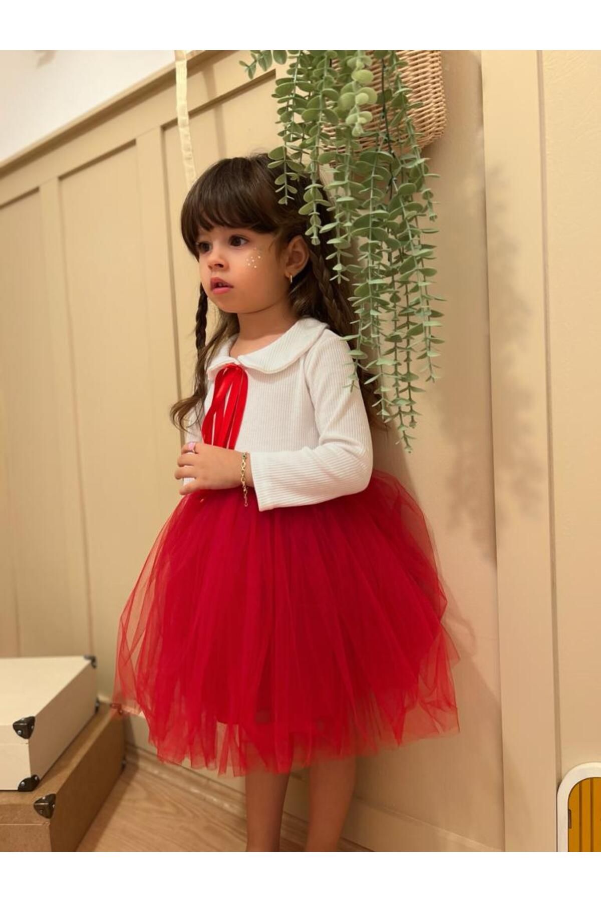penu baby kids RED BABY COLLAR RIBBON DETAIL LONG SLEEVE TULLE