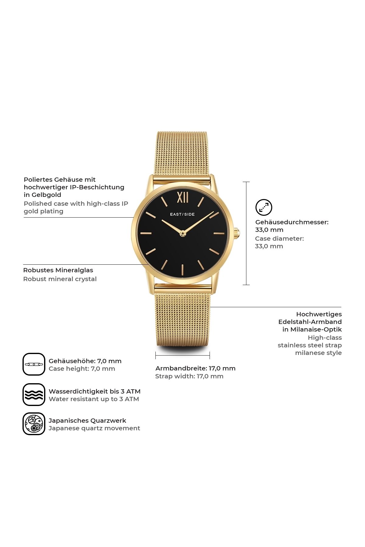 eastside-Quarzuhr Damen Quarzuhr gelbgold Edelstahl gelbgold 2