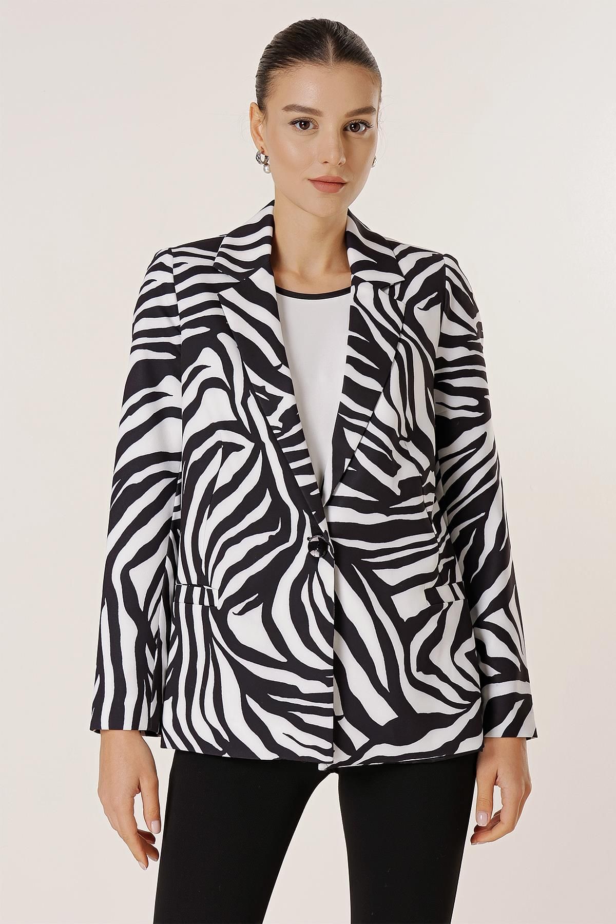 By Sayg Single Button Lined Zebra Pattern Comfortable Fit Jacket