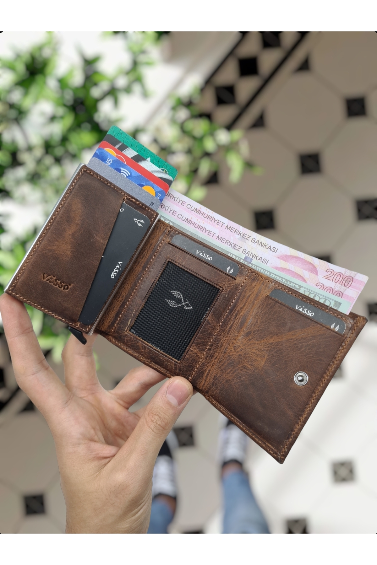 VISSO 684 Genuine Leather Card Holder Wallet with Paper Money Compartment Mechanism Personalized Bag
