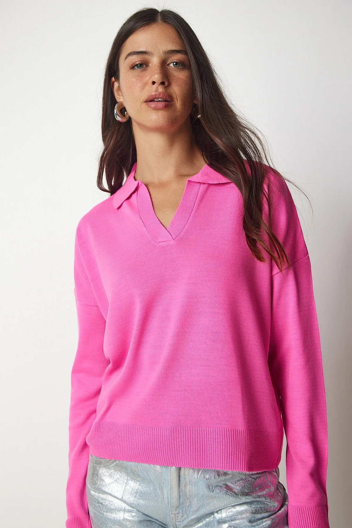 BEŞİR GİYİM  Kadın Pembe Polo Yaka Basıc Kazak - Görsel 3