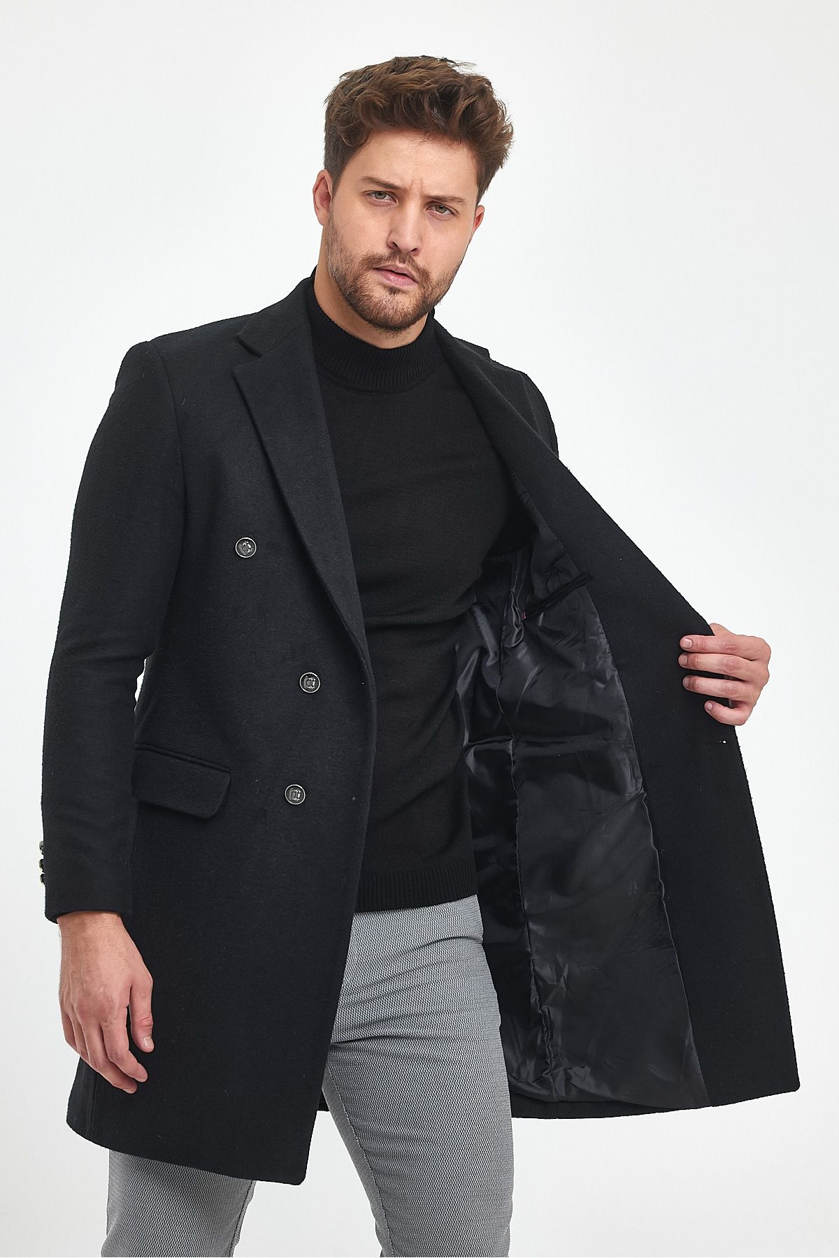 Black slim fit overcoat hot sale