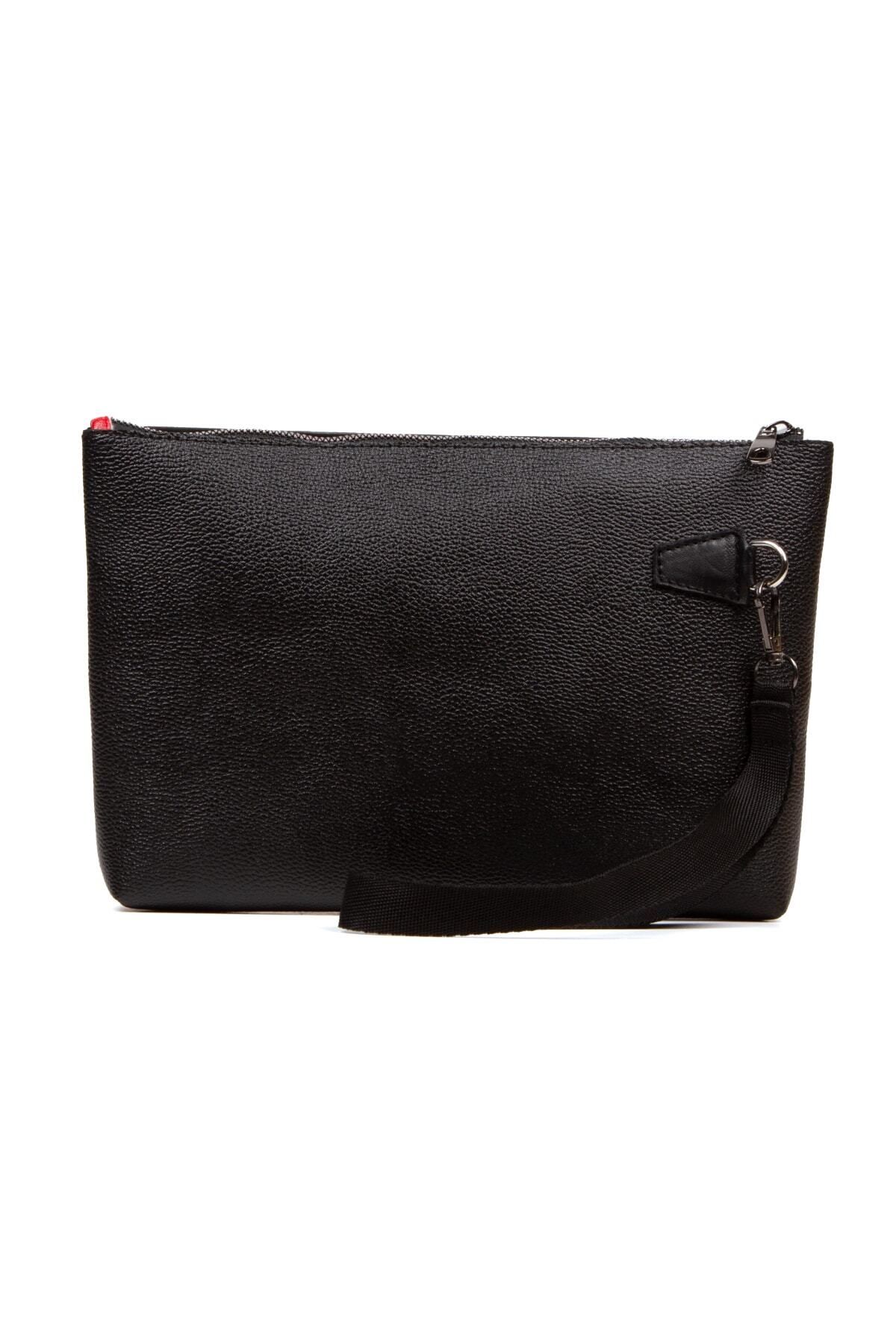 Newish Unisex Black Leather Portfolio Clutch Bag Wrist Strap