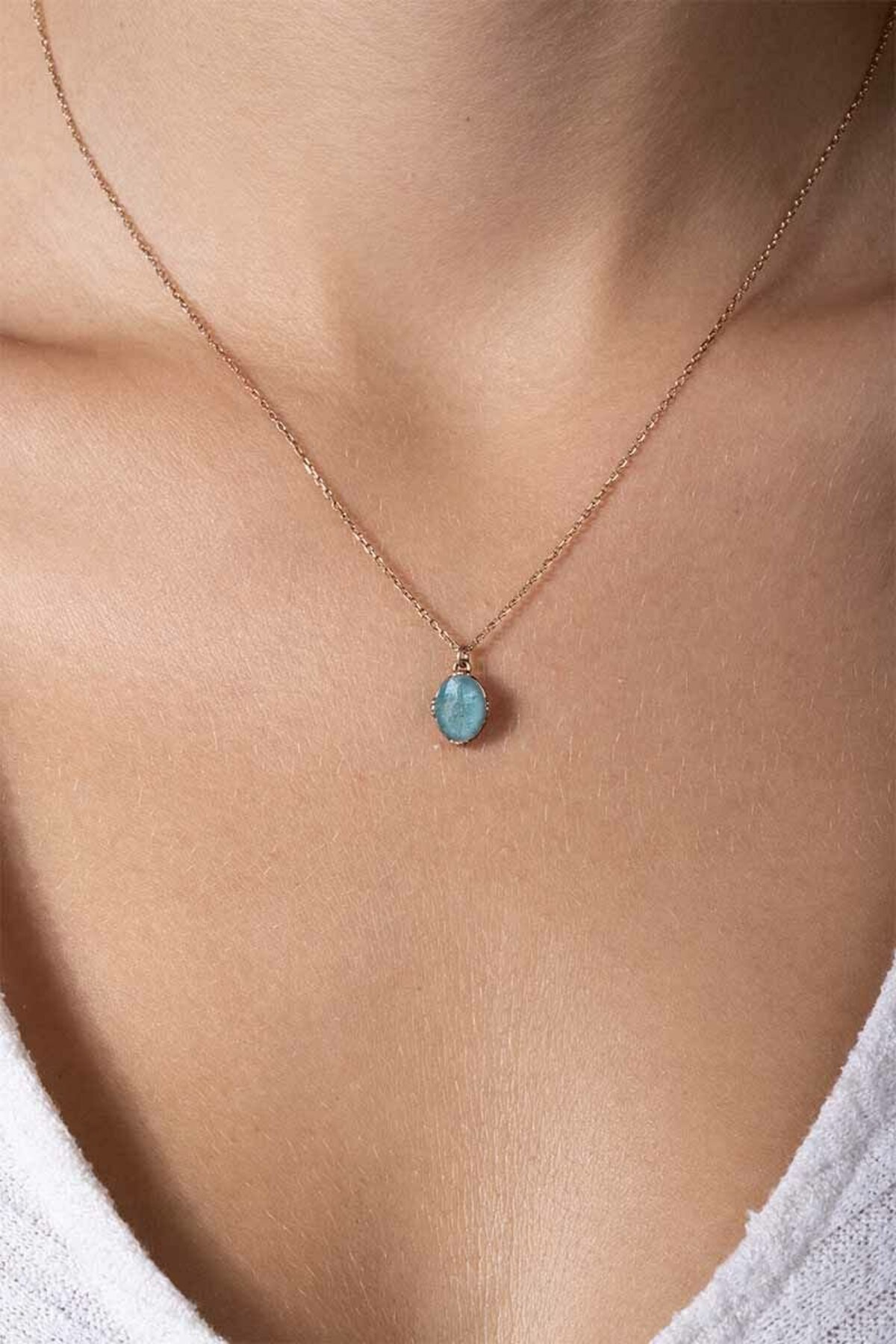 Akuamarin Taşlı Minimal Gümüş Kadın Kolye-Rose Rengi 3